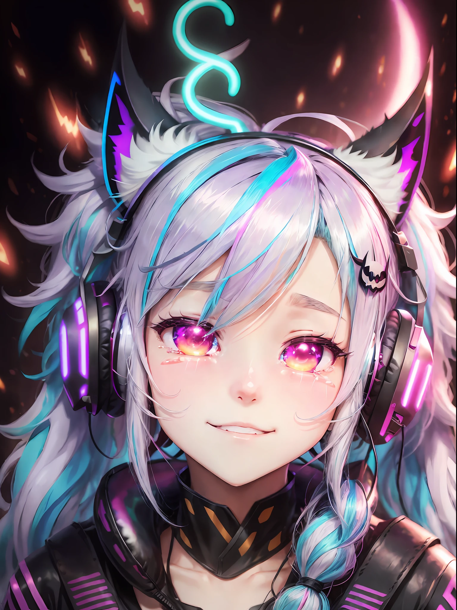Hair side up, neon hair, cloud hair, ((hair covered ears)), (ears covered by hair), demon horn, scar on cheeks, mask, halfbody, headphones, multiple hair bows, empty eyes, tears, bat ears, cute, smile, shy, upside down, ray tracing, reflected light, high detail, anime, 1080p, high detail --auto --v 6
