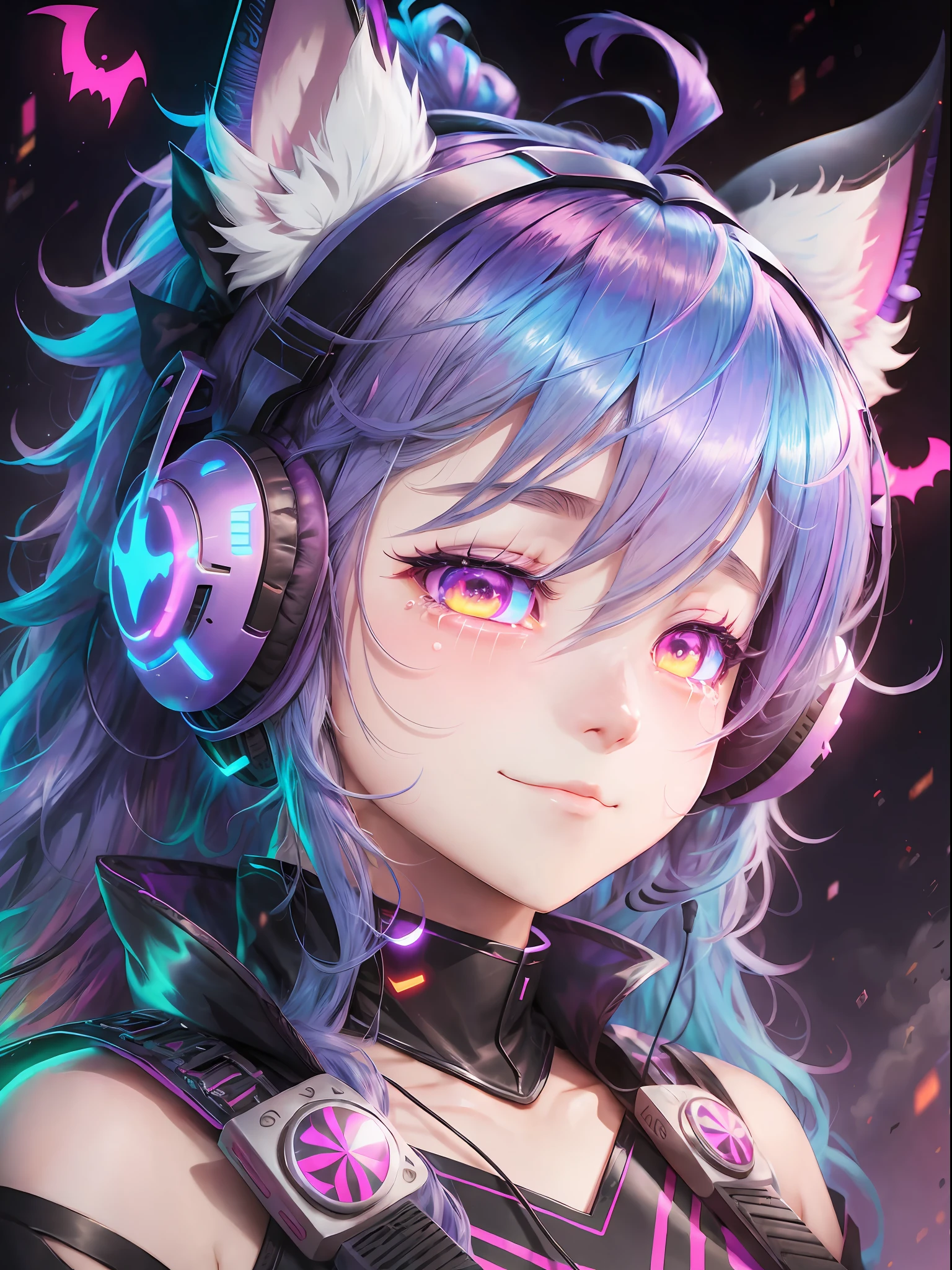 Hair side up, neon hair, cloud hair, ((hair covered ears)), (ears covered by hair), demon horn, scar on cheeks, mask, halfbody, headphones, multiple hair bows, empty eyes, tears, bat ears, cute, smile, shy, upside down, ray tracing, reflected light, high detail, anime, 1080p, high detail --auto --v 6
