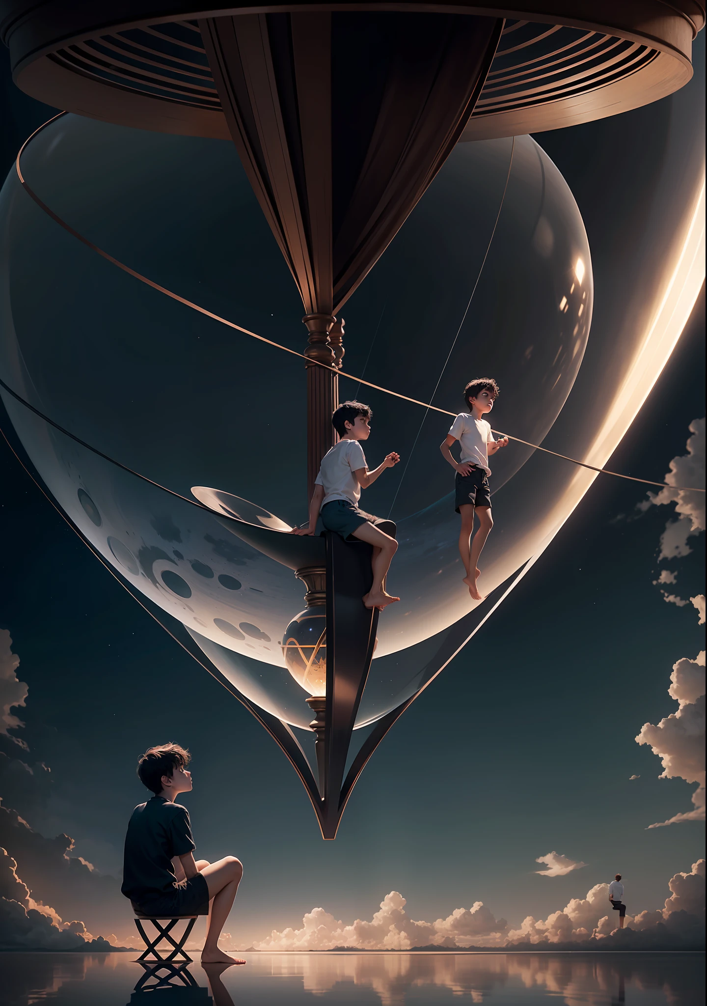 A lonely boy, wearing shorts, sitting on a huge hourglass, barefoot, expressionless, looking forward melancholy, background universe, ethereal, suspended in the universe, the universe is all suspended hourglass,