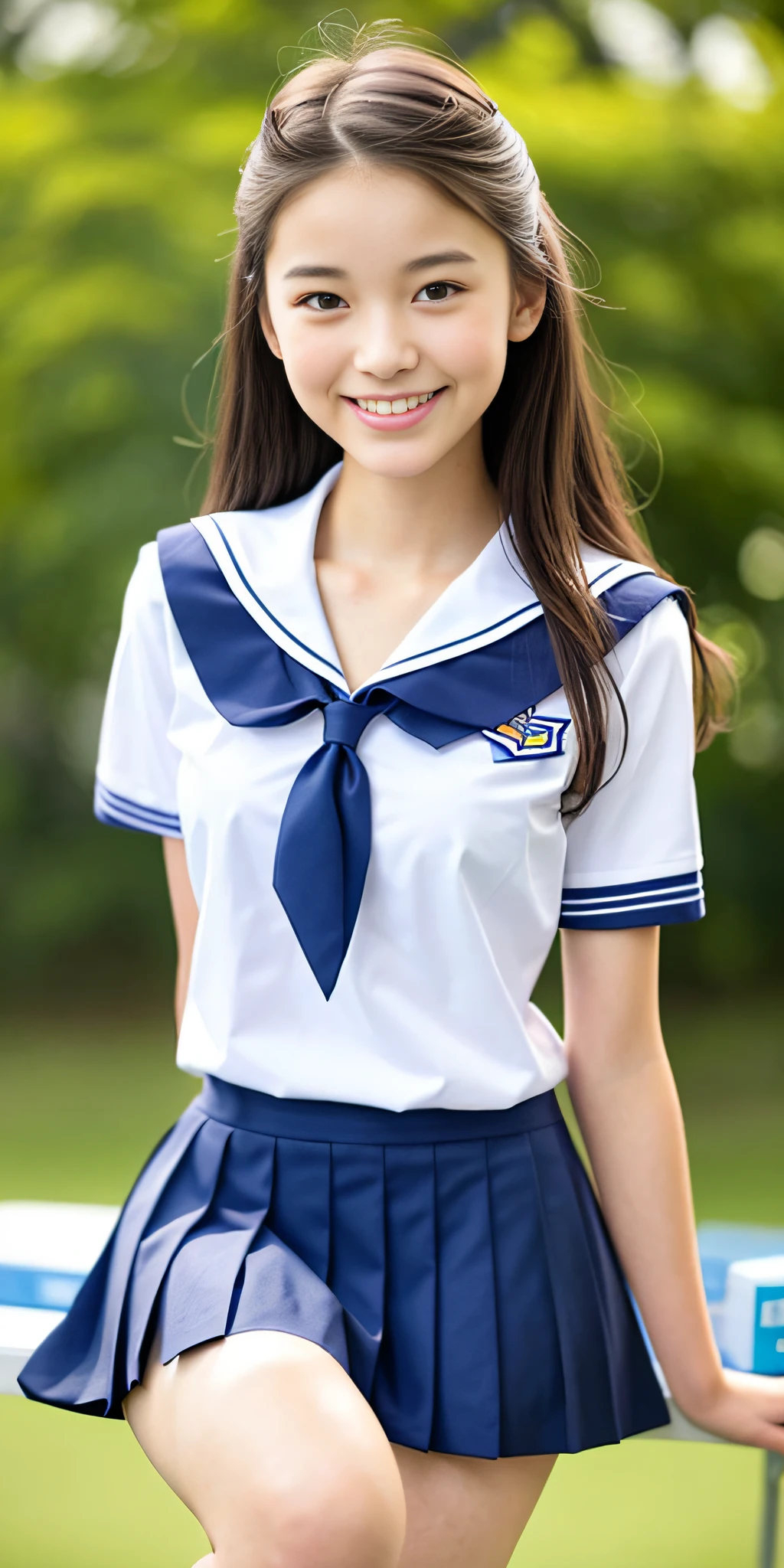 neat college girl, (school uniform, sailor uniform, ribbon tied at chest, summer uniform, upper body white, skirt is dark blue), outside the athletic field, (slim), photorealistic, detail, skin texture, ultra detail, delicate sexy collarbone, smile, super detailed face, detailed lips, detailed eyes, small breasts, small breasts, small, small, flat breasts, breast emphasis