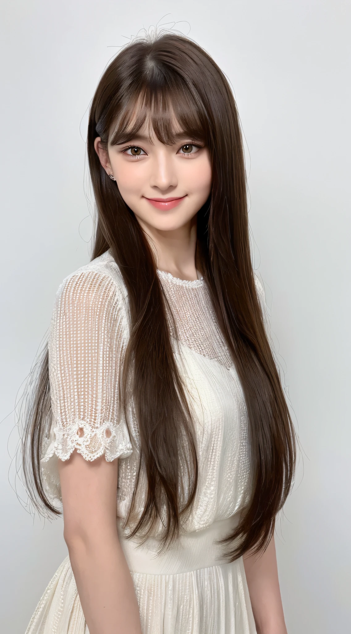 ((top quality, realistic eyes, 8k, masterpiece: 1.3)), 1 girl, smile, full body, slim young face, pretty woman, (dark brown hair), full-length white dress: 1.1, ultra detailed face, detailed eyes, double eyelids, white background, long hair with bangs, head to knee angle, standing,