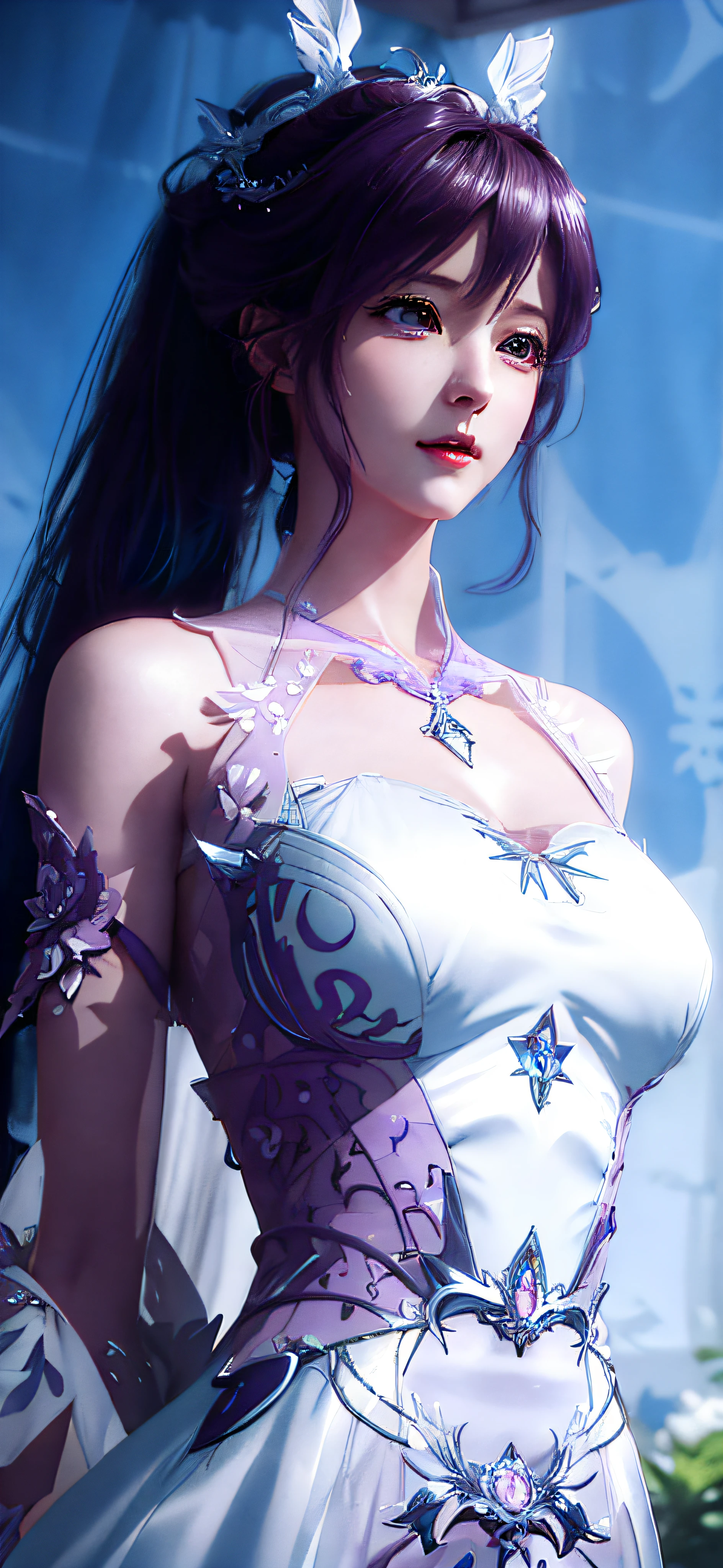anime - style image of a woman dressed in a white and purple dress, 4 k detail fantasy, 3 d render character art 8 k, anime highly detailed, smooth anime cg art, trending on cgstation, 8k high quality detailed art, goddess. extremely high detail, hyperdetailed fantasy character, highly detailed character, 2. 5 d cgi anime fantasy artwork