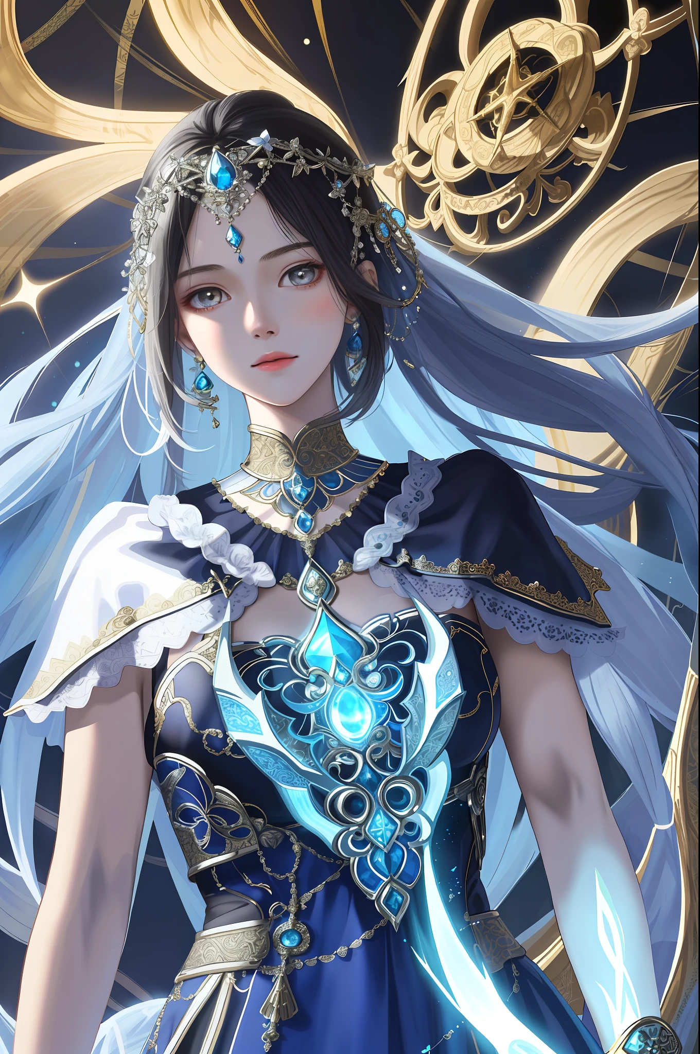 masterpiece, best quality,
2girls, back to back,
young twin girls with contrasting motifs, girl A with white motif symbolizing purity, girl B with black motif representing mystique and power, strong magical abilities despite youthful appearance, determined and powerful poses as guardians of the divine realm, fantastical and majestic divine realm background, light and shadow interplay, mysterious accessories and decorations on their outfits, magical effects and glowing light surrounding them,
detailed skin texture, detailed cloth texture, beautiful detailed face, intricate details, ultra detailed,