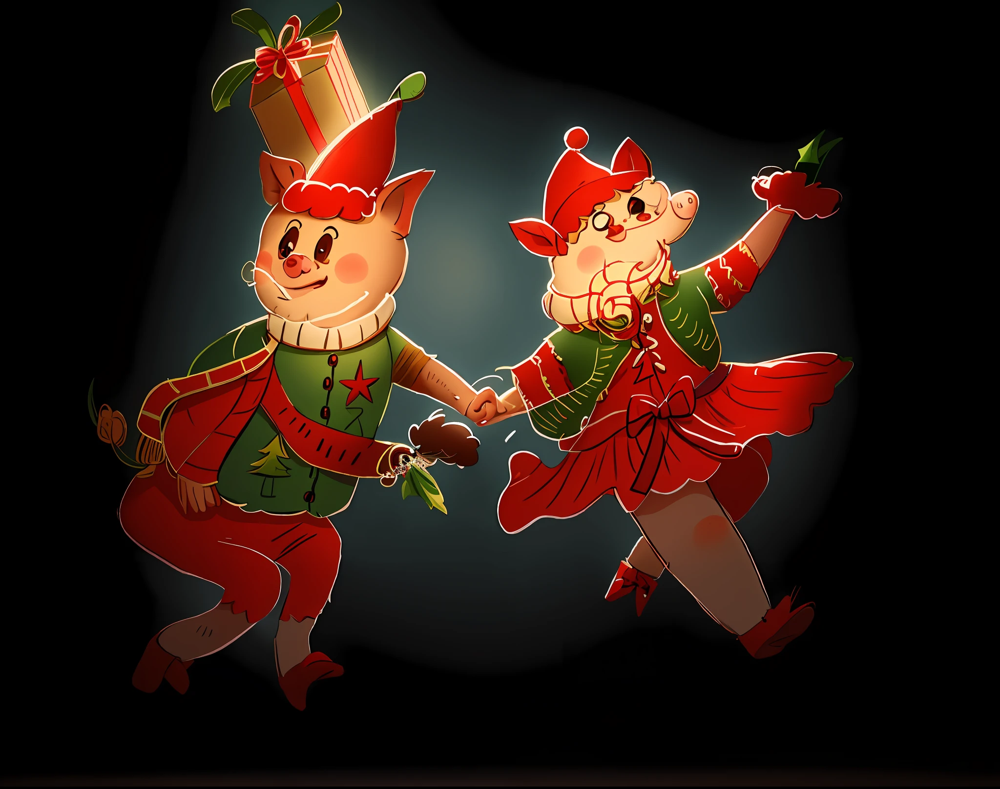 Christmas, cartoon, anthropomorphic, two little pigs dancing in Christmas costumes with Christmas gifts on their heads, light and shadow, cinematic effects, masterpiece, optimization, 8k wallpaper,圣诞树，窗户