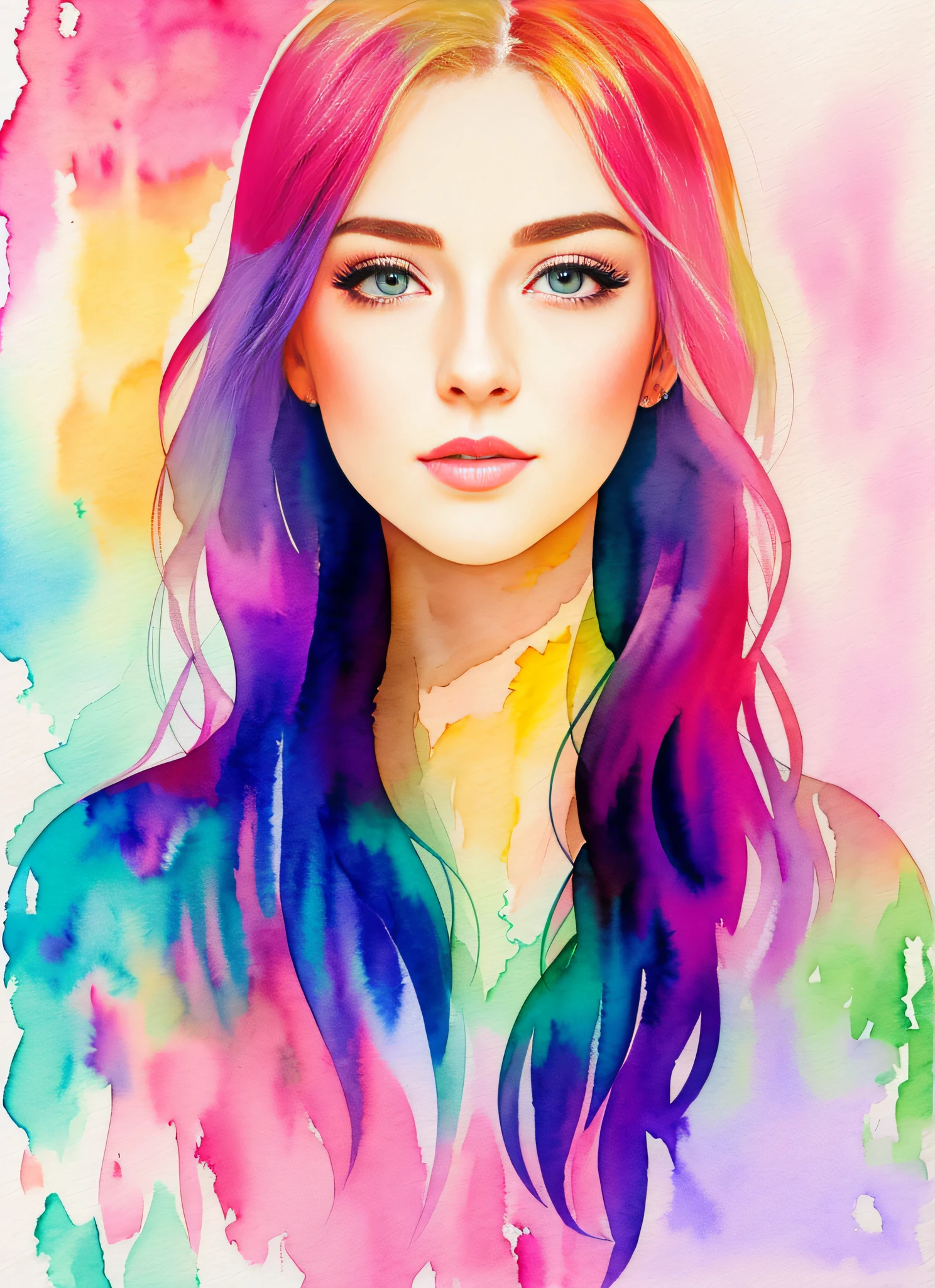 Watercolor style, portrait of a woman, luminous design, pastel colors, ink drops, autumn lights