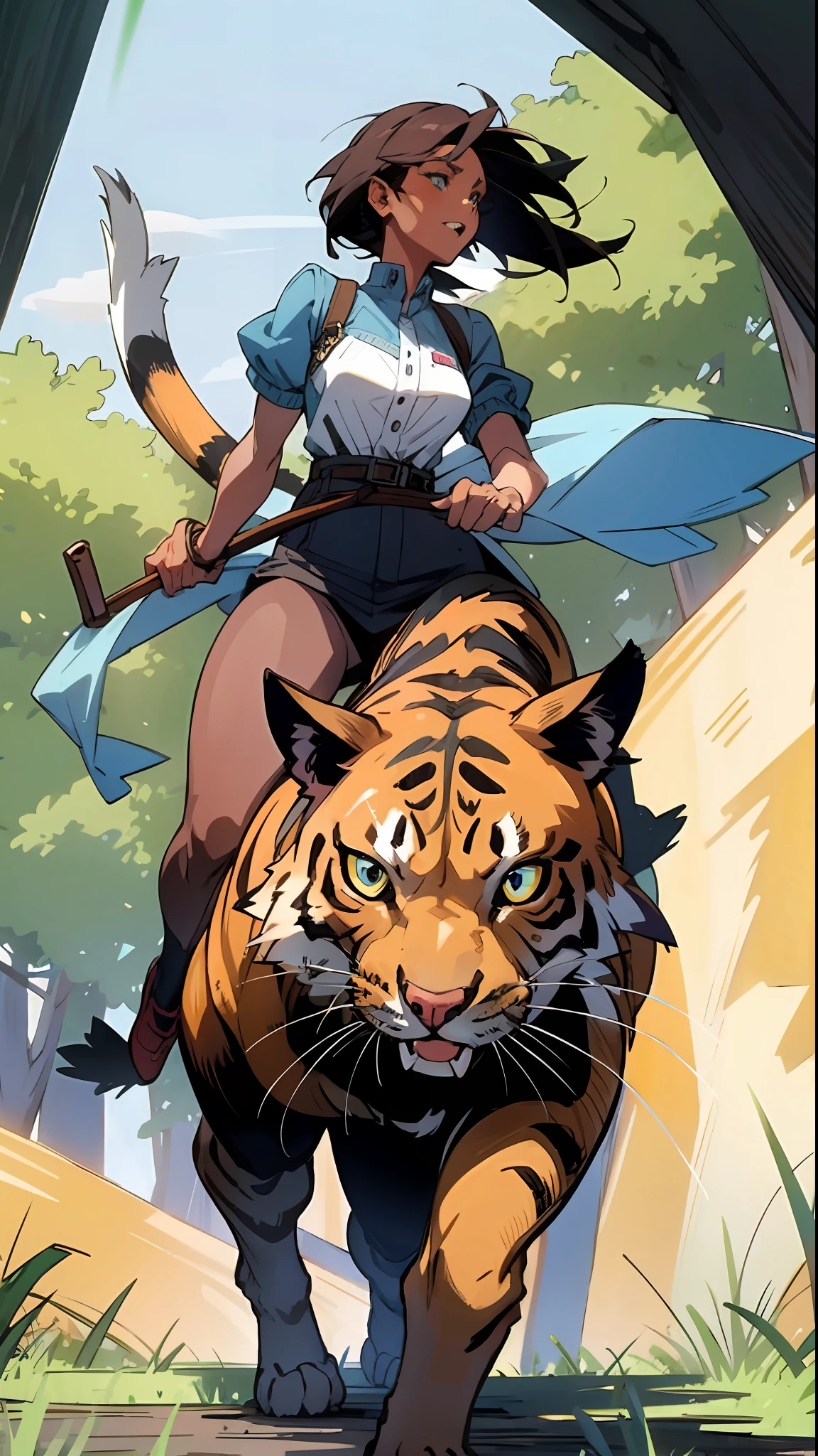 a beautiful woman, riding a wild  prehistoric cat