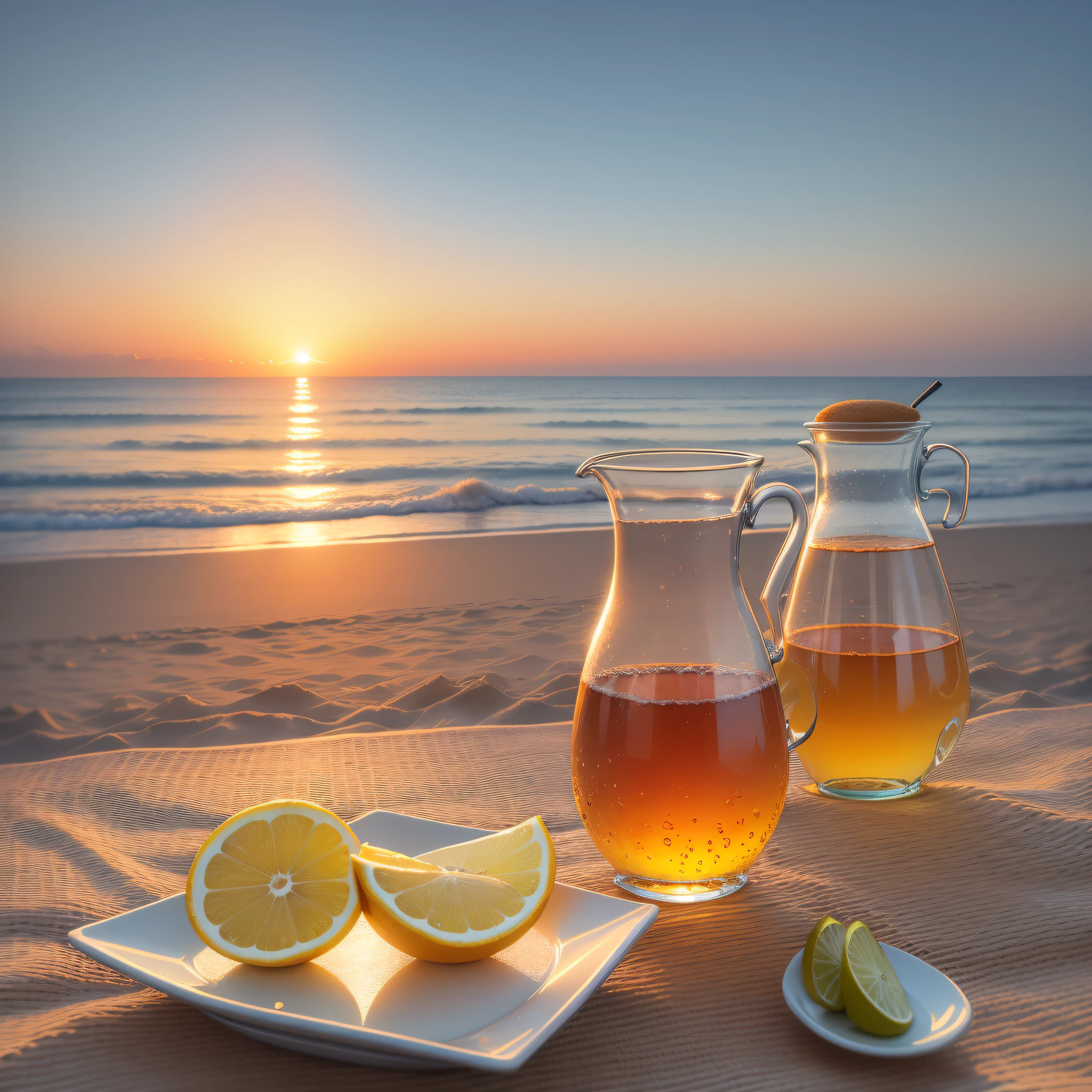 Sunrise by the sea, sea breeze in summer, beautiful environment, a bottle of lemon tea on the beach,