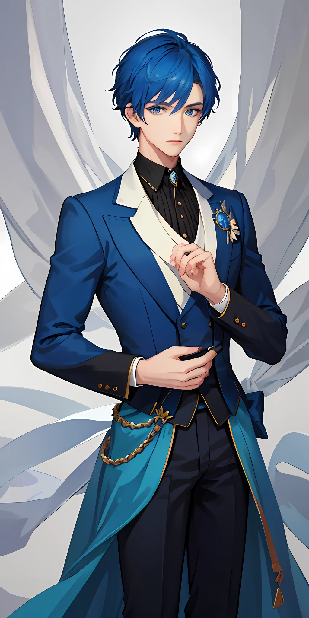 {{masterpiece}}, top quality, illustration, 1 boy, prince, elegant short hair, blue hair, cute, close-up