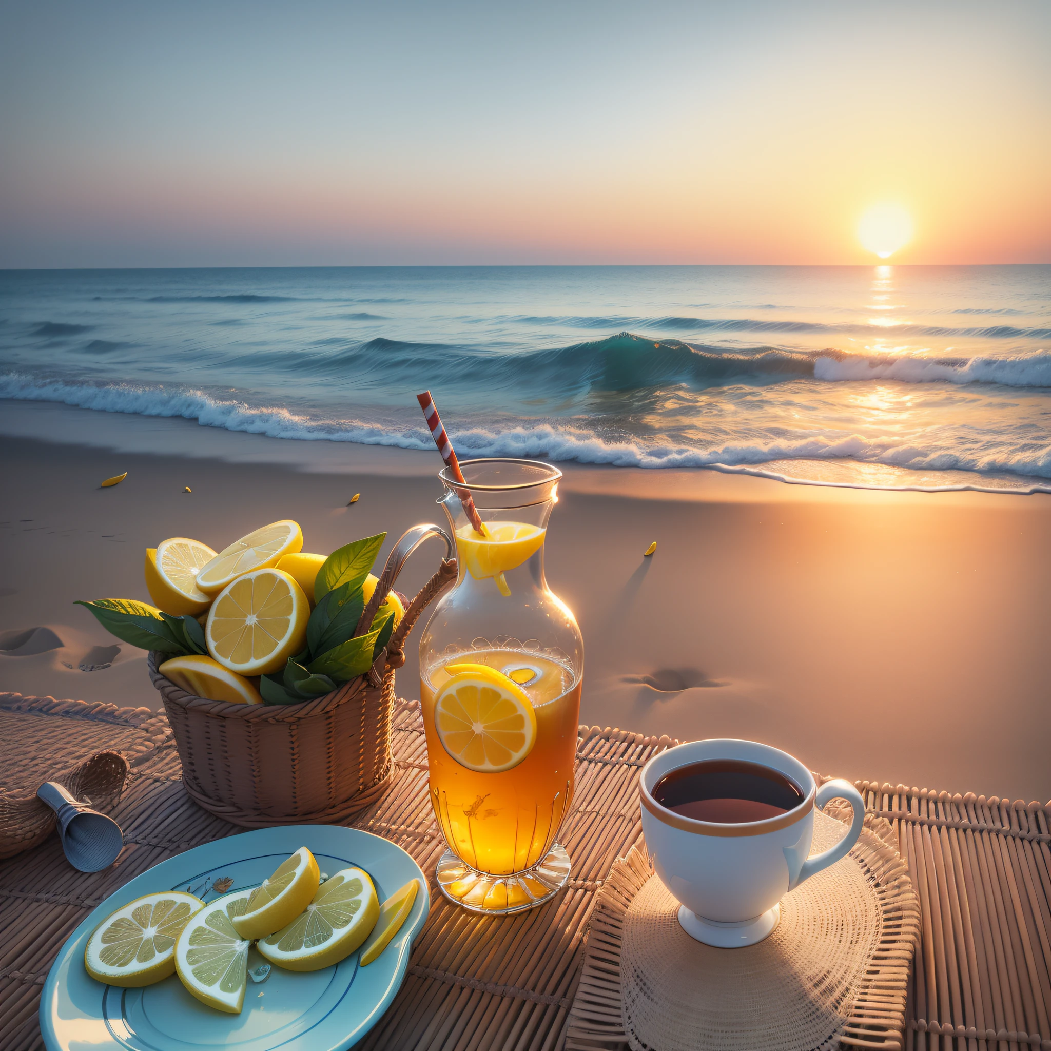 Sunrise by the sea, sea breeze in summer, beautiful environment, a bottle of lemon tea on the beach,