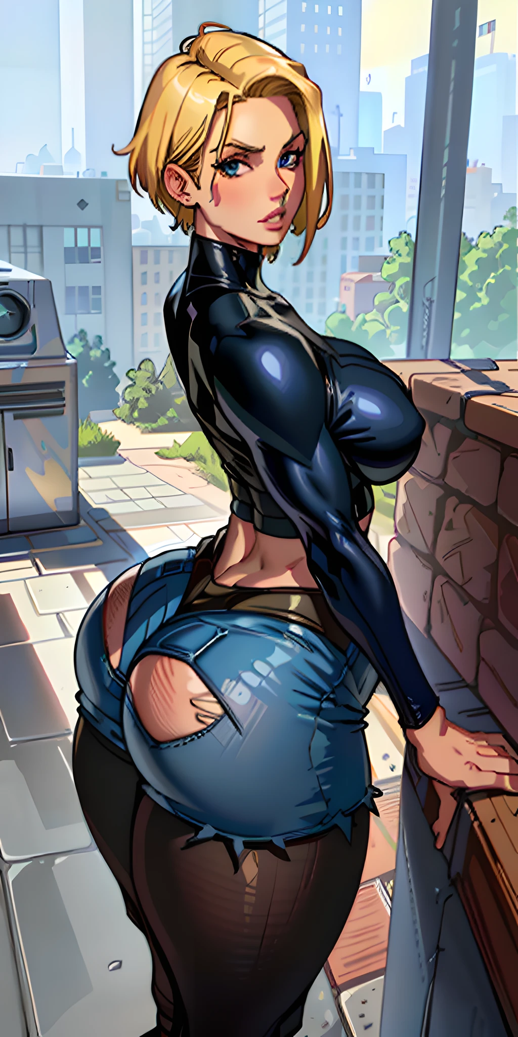 unparalleled masterpiece, ultra realistic 8k CG, perfect artwork, (1girl:1.1) , solo, ((perfect female figure)), (nsfw), looking at viewer, mature female, bimbo (android 18) standing, (teasing), best quality:1.1 , seductive posture, sexy pose, alluring, (beautiful), (curvy), (thick), blonde hair, (blue eyes:1.2), short hair, earrings, jewelry, denim vest, open vest, black pantyhose, black shirt, denim skirt, striped long sleeves, blue skirt, toned legs, fit, (abs:1.1), (big butt:1.4), peach ass, (athletic body:1.2), (large breasts:1.3, (big_breasts:1.1), wide_hips:1.5, narrow waist, small waist:1.5, slender body:1.2, thick thighs:1.3), (shiny skin:1.2), (hdr), (street:1.2), Nikon D850 film stock photograph Kodak Portra 400 camera f1.6 lens, rich colors, lifelike texture, dramatic lighting, unreal engine, trending on ArtStation, by Gerald Brom, by Frank Frazetta, by Luis Royo, by Julie Bell, by Boris Vallejo