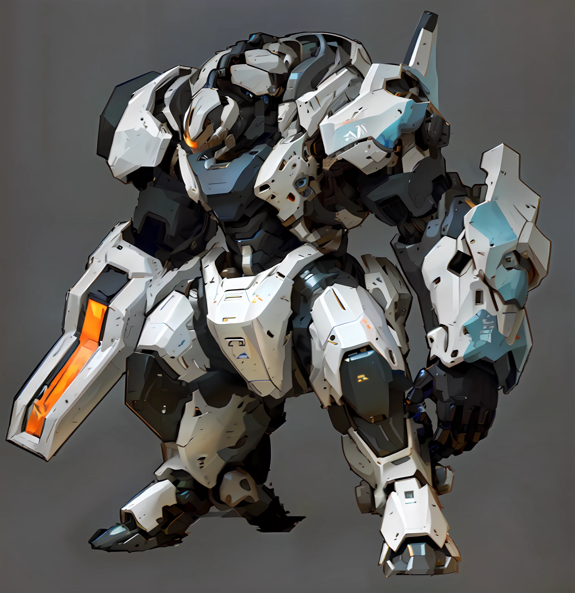 a close up of a robot with a gun on a gray background, alexandre ferra white mecha, mecha suit, cool mecha style, white mecha, alexandre ferra mecha, painterly humanoid mecha, armored core style mecha, mech concept art, full body mech, mecha art, mecha inspired, ferra white mecha