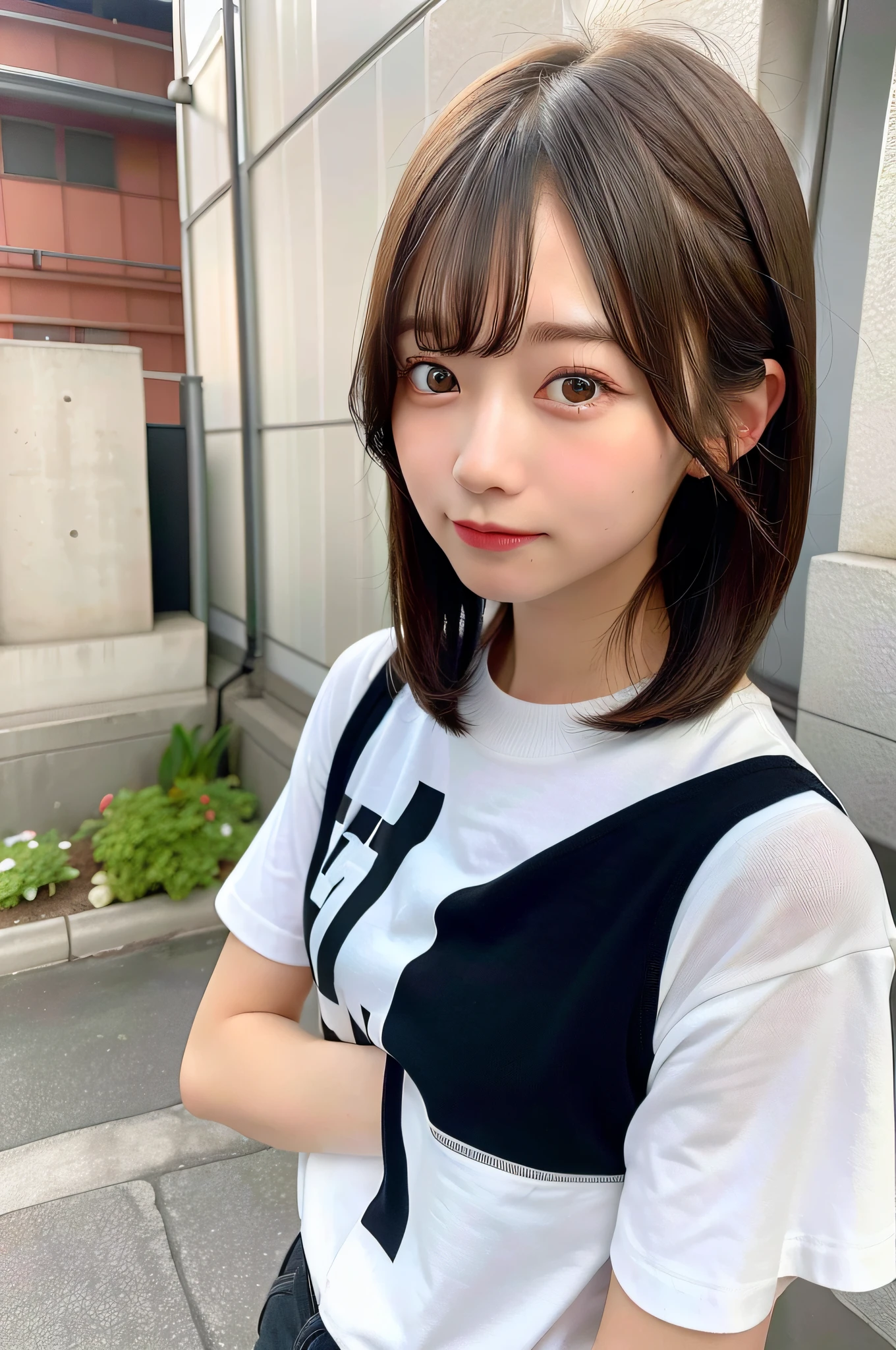 (8K, 4K, Best Quality, High Definition, Ultra High Definition: 1.1), (Masterpiece, Realistic, Photorealistic: 1.1), One Girl, Japan Person, Cute, College Student, Black Hair Short, White Short Sleeves, Background Blur, Light Clothing