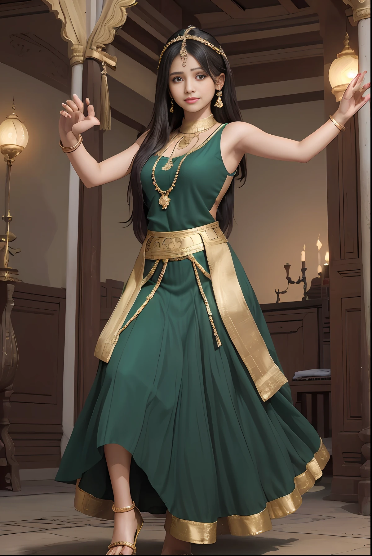 (masterpiece, best quality, realistic),
1girl, background, indian dress, dancing, intricate, dark green dress, gold, indian palace, india, indian person, banquet, crowd, picking up skirt, darker skin,
[slight smile],