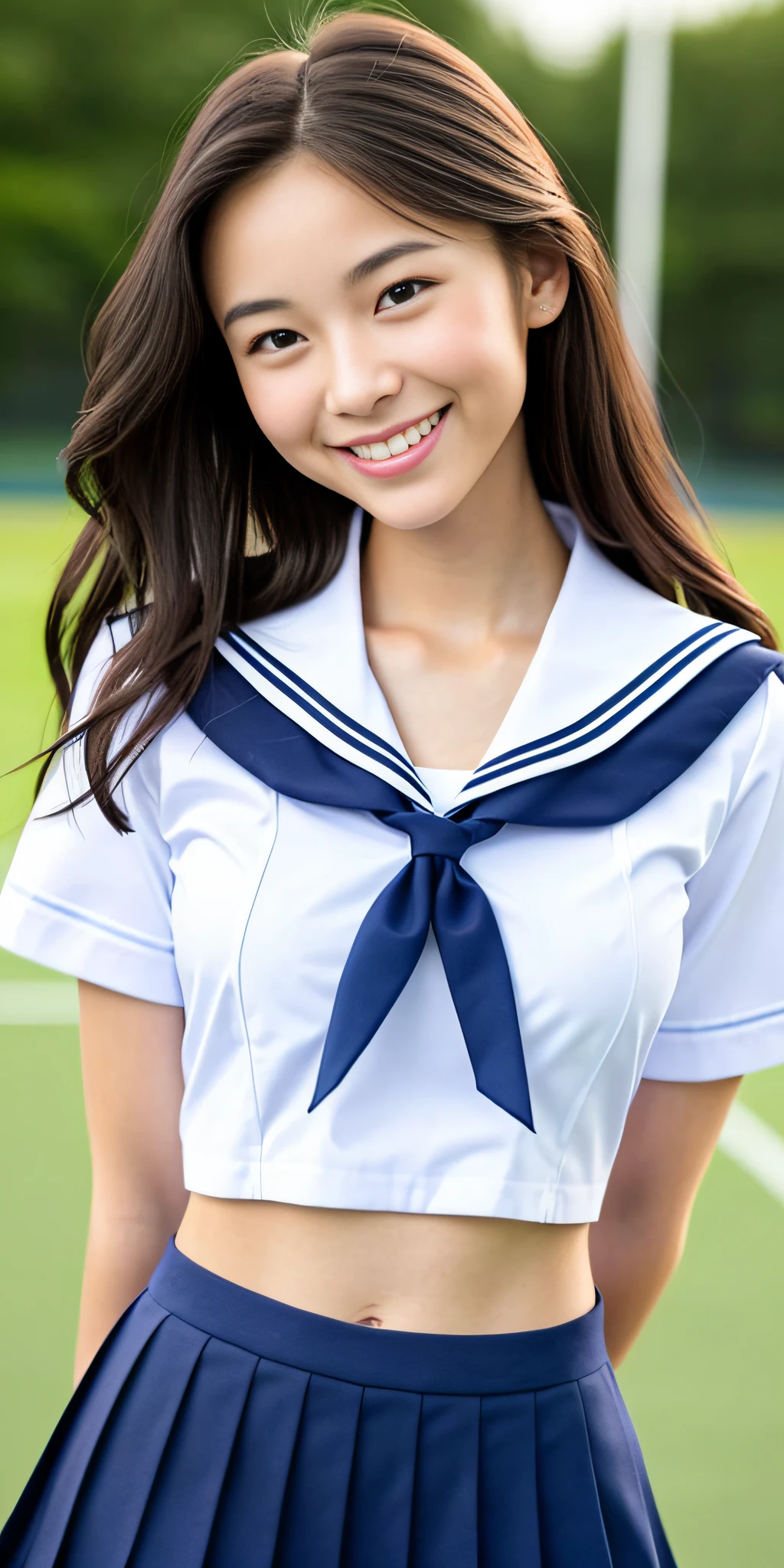 neat college girl, (school uniform, sailor uniform, ribbon tied at chest, summer uniform, upper body white, skirt is dark blue), outside the athletic field, (slim), photorealistic, detail, skin texture, ultra detail, delicate sexy collarbone, smile, super detailed face, detailed lips, detailed eyes, small breasts, small breasts, small, small, flat breasts, breast emphasis