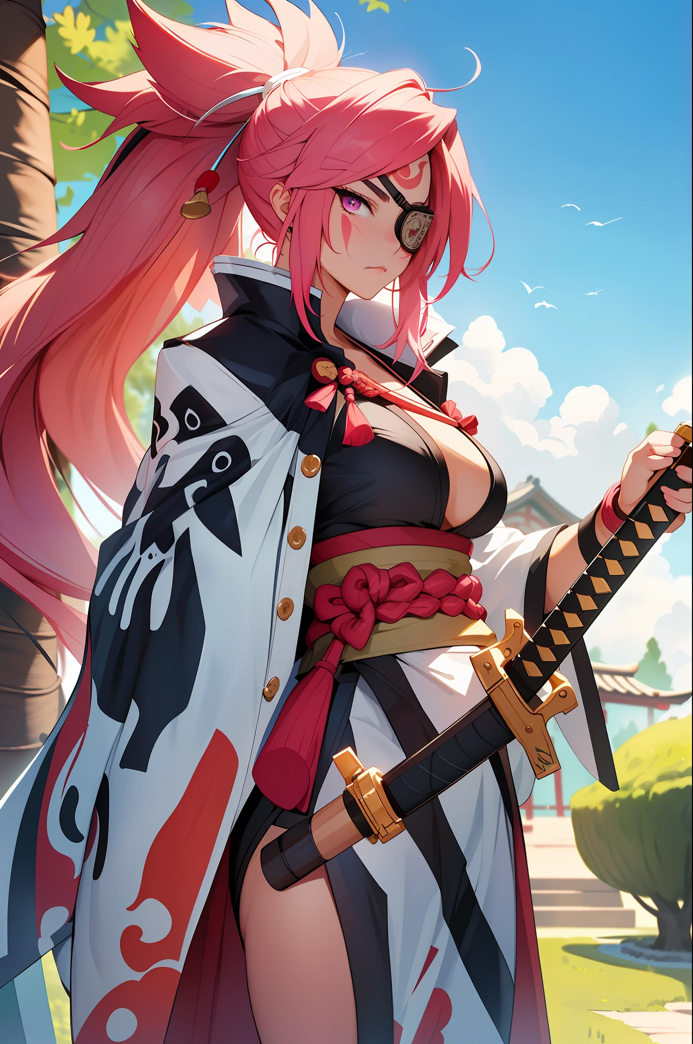 (masterpiece, best quality:1.2), cowboy shot, solo, 1girl, baiken, amputee, serious, ((Hold a samurai sword )) closed mouth, looking at viewer, ponytail, eyepatch, multicolored clothes, open clothes, japanese clothes, kimono, large breasts ,( background-Pink-willow-tree)