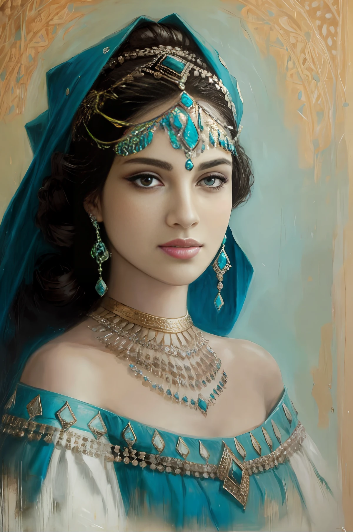 face portrait 1 Persian princess, smile,    cyan royal clothing ,off the shoulder, heavy  makeups , jewelries, 
 impressionism, abstract, (oil painting  ,  dry brushstrokes), negative space,