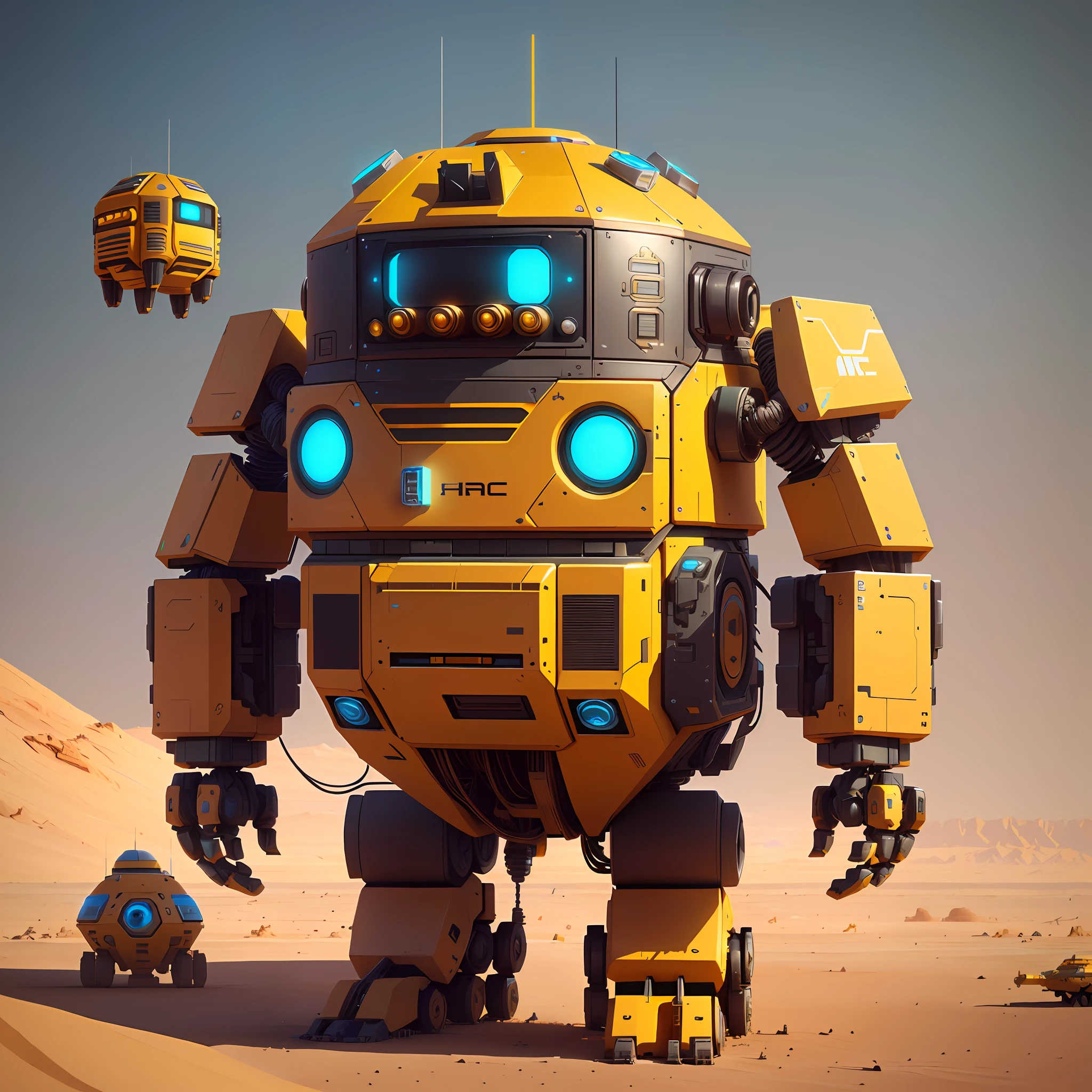 there is a robot that is standing in the desert, beautiful robot character design, droid, dan mcpharlin, cute robot, cute elaborate epic robot, 3 d render beeple, yellow mech, futuristic robot, pit droid, inspired by Petros Afshar, in style of beeple, wojtek fus, round robot, robot concept art