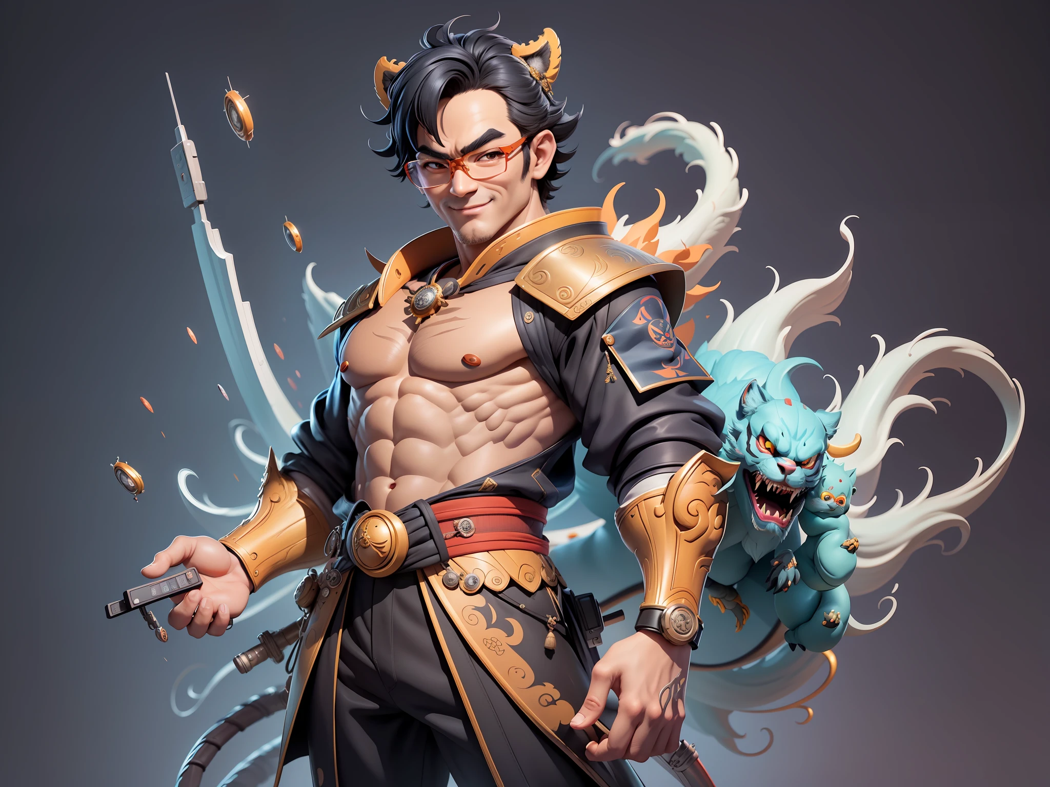 (Masterpiece), (Excellent), (Super Meticulous), (Full Body: 1.2), Super Young Man with Japanese Female Geisha, Pretty, Beautiful, Chinese Dragon, Tiger, Wind God Thor, Sexy, Bursting, Oriental Face, TV Anchor, Bust Portrait Illustration, Black Suit, Blue Tie, Slightly Chubby Face, Silver Glasses, Very Clean Face, No Beard on Chin, Black Super Short Hair, Black Eyes, Confident Smile, 3c Computer Sub-Products, iPad, iPhone, Digital Painting, 3D character design by Mark Clairedon and Pixar and Hayao Miyazaki and Akira Toriyama, the illustrations are HD illustrations in 4K resolution with highly detailed facial features and cartoon-style visuals.