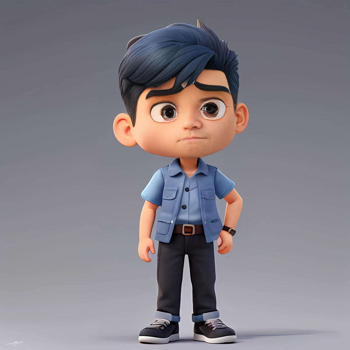 Cute small 53-years-old male Fashion Artist , huge head, shot Undercut hair，thin eyebrow , highly detailed eyes，front-facing, angry mood，fit, Wearing Gradient Short Sleeve Shirt and dark blue jeans and black running shoes， looks like a boss, full body view, highly detailed hands ，Toy figures,best quality, 3d cartoon，full body view, fantasy, dreamlike, surrealism, super cute, trending on artstation