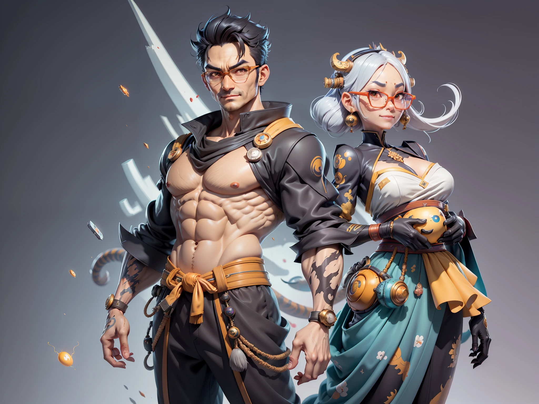 (Masterpiece), (Excellent), (Super Meticulous), (Full Body: 1.2), Super Young Man with Japanese Female Geisha, Pretty, Beautiful, Chinese Dragon, Tiger, Wind God Thor, Sexy, Bursting, Oriental Face, TV Anchor, Bust Portrait Illustration, Black Suit, Blue Tie, Slightly Chubby Face, Silver Glasses, Very Clean Face, No Beard on Chin, Black Super Short Hair, Black Eyes, Confident Smile, 3c Computer Sub-Products, iPad, iPhone, Digital Painting, 3D character design by Mark Clairedon and Pixar and Hayao Miyazaki and Akira Toriyama, the illustrations are HD illustrations in 4K resolution with highly detailed facial features and cartoon-style visuals.