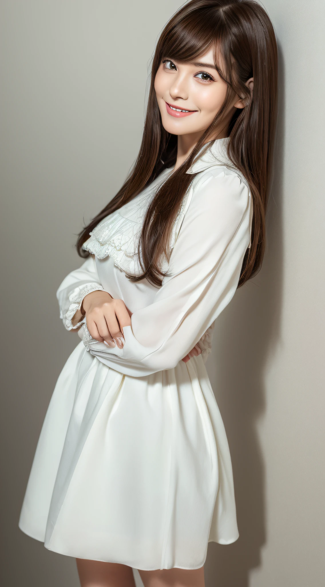 ((top quality, realistic eyes, 8k, masterpiece: 1.3)), 1 girl, smile, full body, slim little gentle face, pretty woman, (dark brown hair), full-length white dress: 1.1, ultra detailed face, detailed eyes, double eyelids, white background, long hair with bangs, head to knee angle, standing, standing
