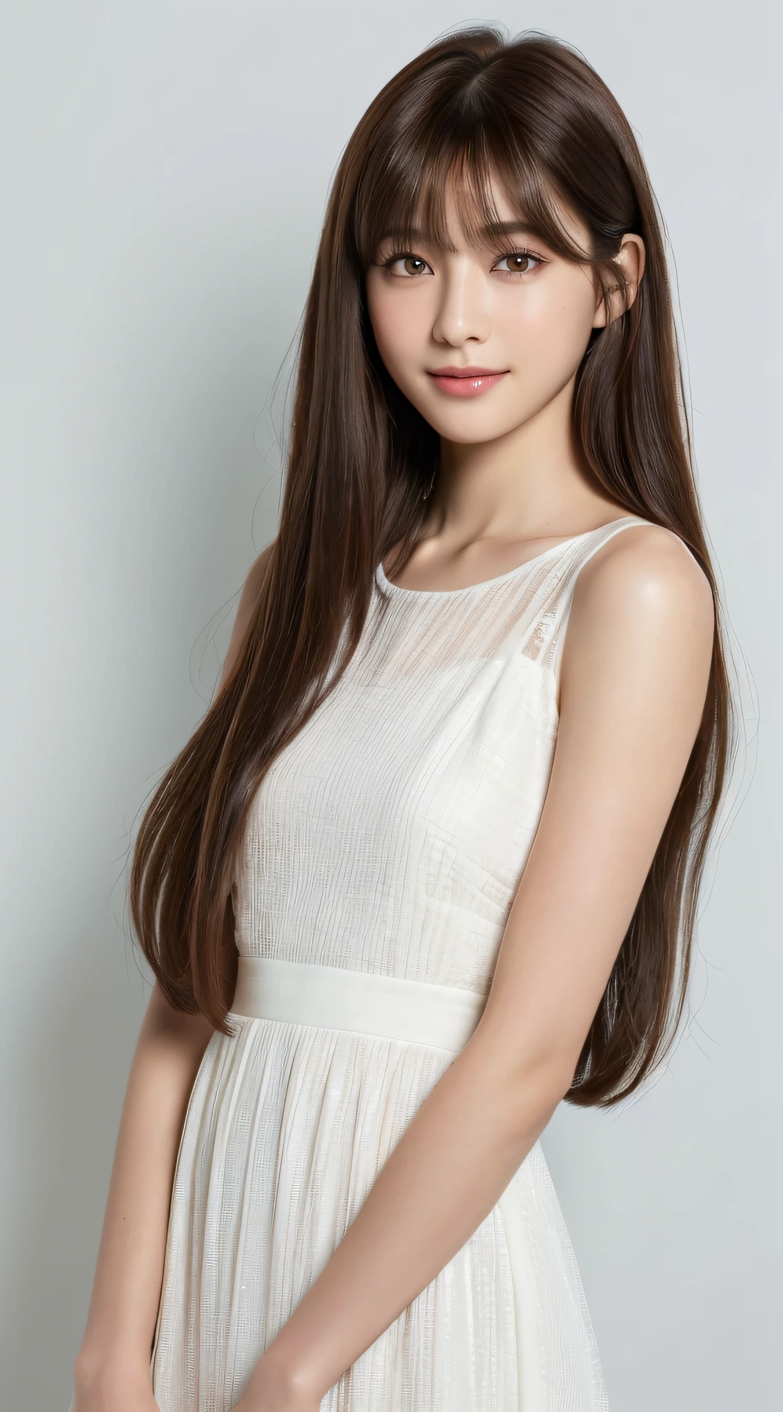 ((top quality, realistic eyes, 8k, masterpiece: 1.3)), 1 girl, smile, full body, slim little gentle face, pretty woman, (dark brown hair), full-length white dress: 1.1, ultra detailed face, detailed eyes, double eyelids, white background, long hair with bangs, head to knee angle, standing, standing