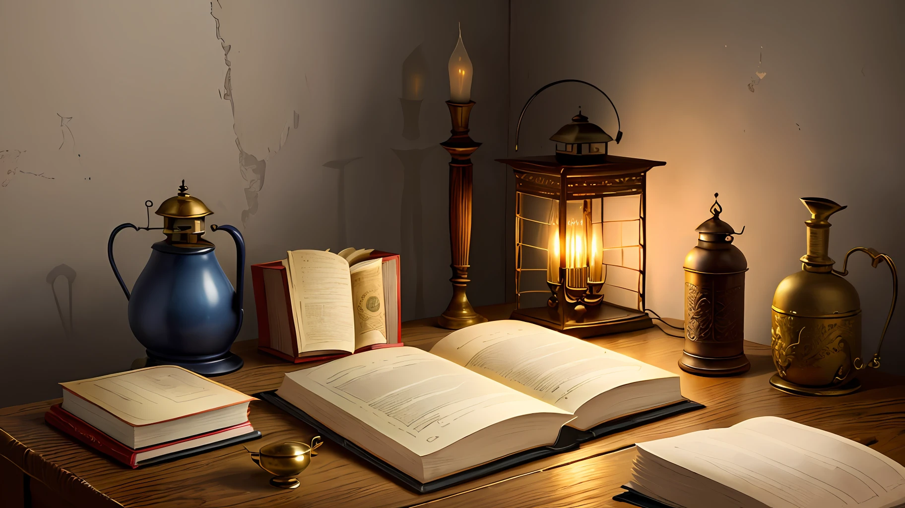 A book and an oil lamp, the only source of light, lie on a large shabby table top