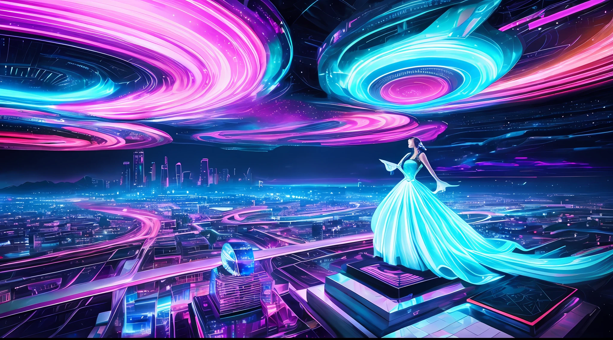 The rap album cover is a true masterpiece, meticulously crafted to showcase the best quality and realism. It transports you to a breathtaking 3D world, where twirling silver landscapes stretch as far as the eye can see. The level of detail is astonishing, capturing every intricate feature with superlative precision.

Above, an enchanting neon cyber sky bathes the scene in a mesmerizing glow, adding an otherworldly ambiance. The sky pulsates with vibrant hues, blending together to create an ethereal atmosphere. It's a visual spectacle that demands attention.

In this fantastical world, cartoon women take center stage, portrayed with an irresistible charm and an expression of deep love. Their exaggerated features and dynamic poses evoke a sense of passion and emotion, perfectly capturing the essence of the album's themes.

The cover design is rendered in stunning 4K or 8K resolution, ensuring every minute detail is brought to life with crystal clarity. The attention to detail extends to every aspect, from the shimmering metallic textures of the silver landscapes to the subtle reflections dancing across the neon sky.

Overall, this rap album cover combines the mastery of 3D artistry with high-quality production to create a visually striking and captivating representation of the music it accompanies. It's a piece that transcends boundaries and immerses the viewer in a world of beauty, love, and creativity.