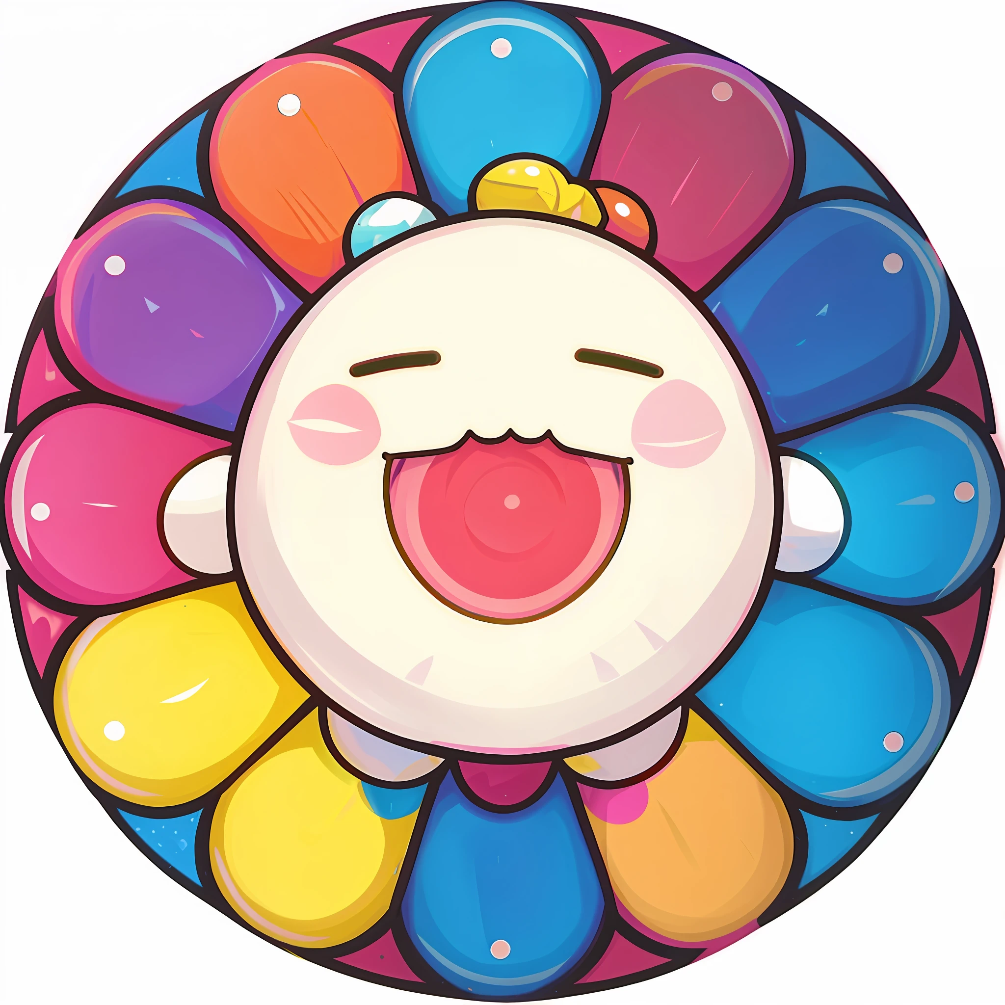 a cartoon character with a colorful flower on it's face, cutecore clowncore, flowey, inspired by Takashi Murakami, inspired by Kagaku Murakami, takashi murakami art style, 中 元 节, [[[[grinning evily]]]], y 2 k cutecore clowncore