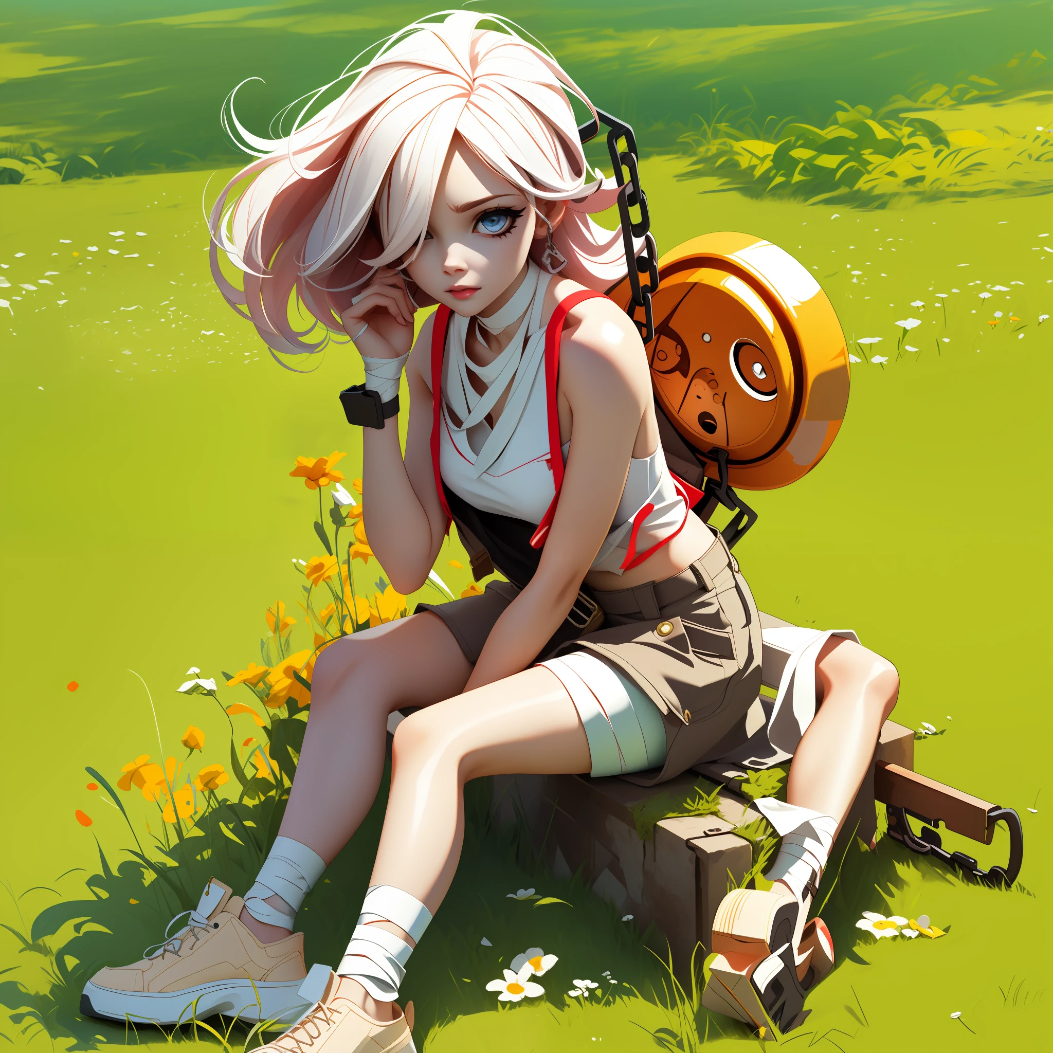 (Sitting on the grass, looking down ) (masterpiece, best quality, high resolution)
1girl, bandages, key, blood, (hair over one eye), chain, solo, pale skin,