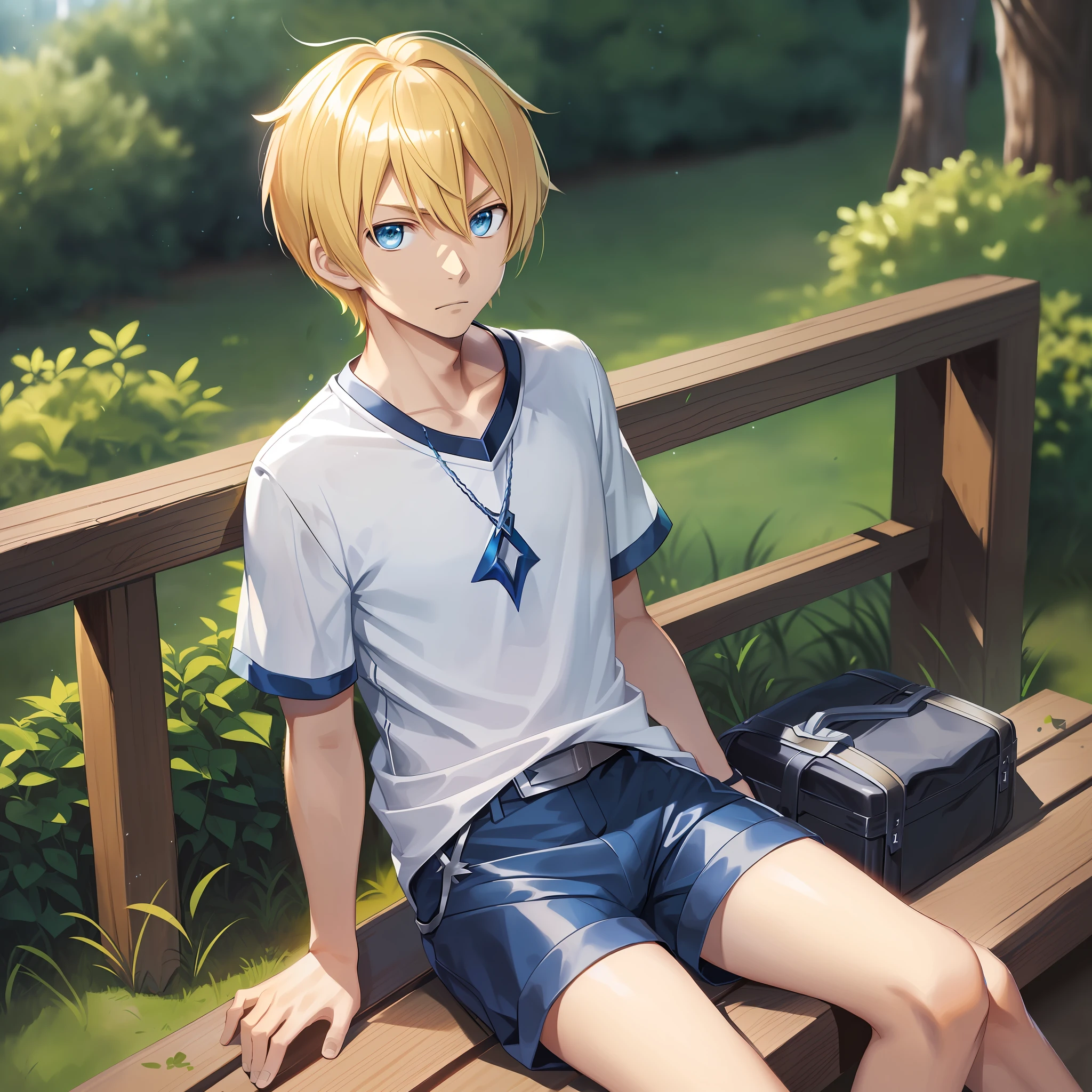 flaxen hair, male, ((((Eugeo)))), Sword Art Online, ((((very short hair)))), (((facing to the side)), sitting on a bench, solo, green eyes, plain blue t-shirt, shorts, full body, outdoors, park at night, electric light,