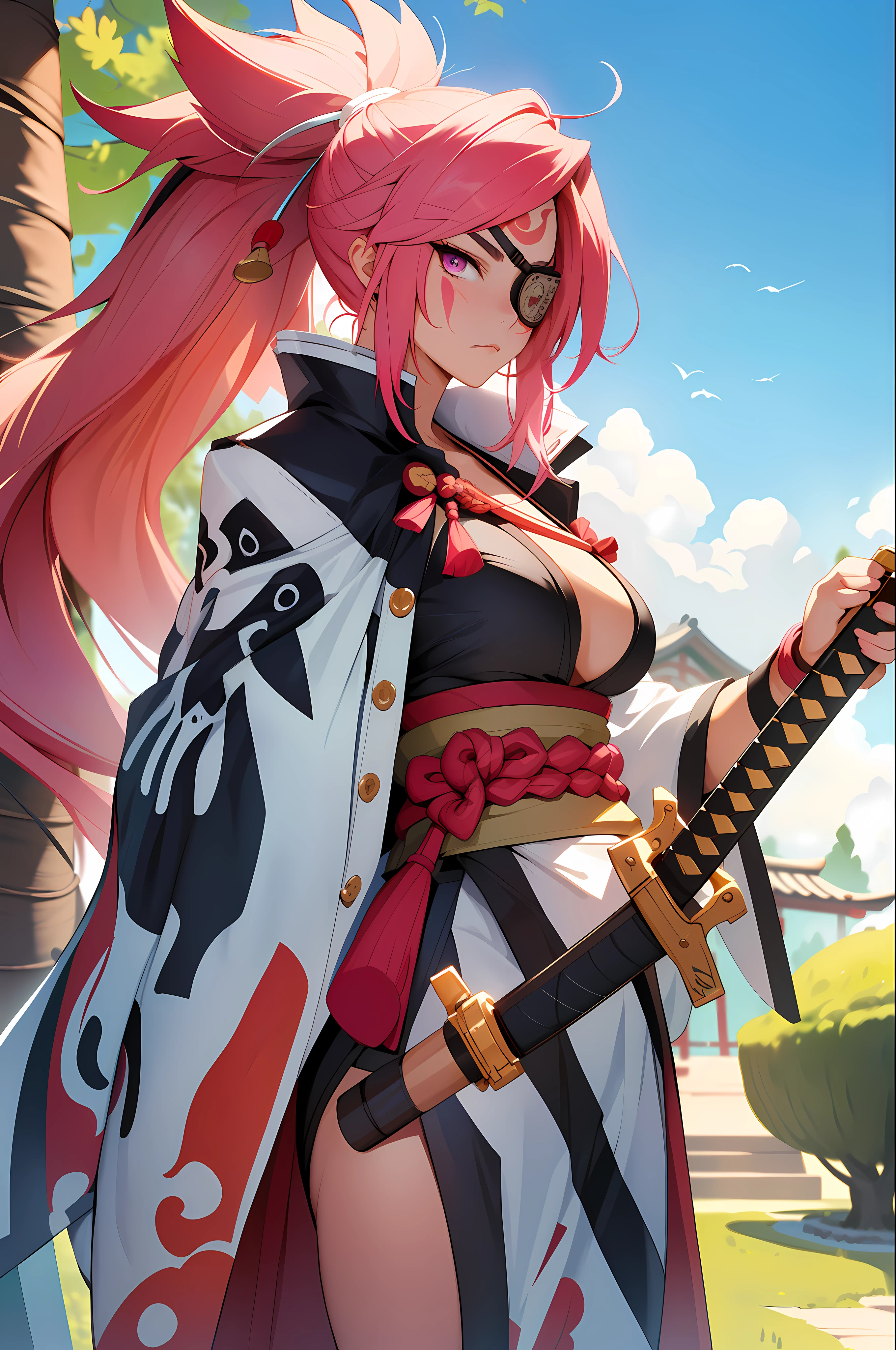 (masterpiece, best quality:1.2), cowboy shot, solo, 1girl, baiken, amputee, serious, ((Hold a samurai sword )) closed mouth, looking at viewer, ponytail, eyepatch, multicolored clothes, open clothes, japanese clothes, kimono, large breasts ,( background-Pink-willow-tree)