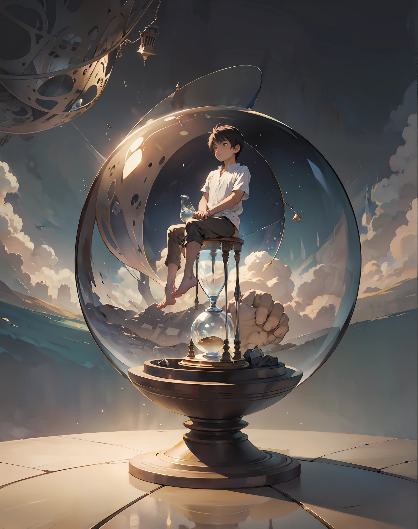 The boy sits in a glass ball, barefoot, sitting on an hourglass,