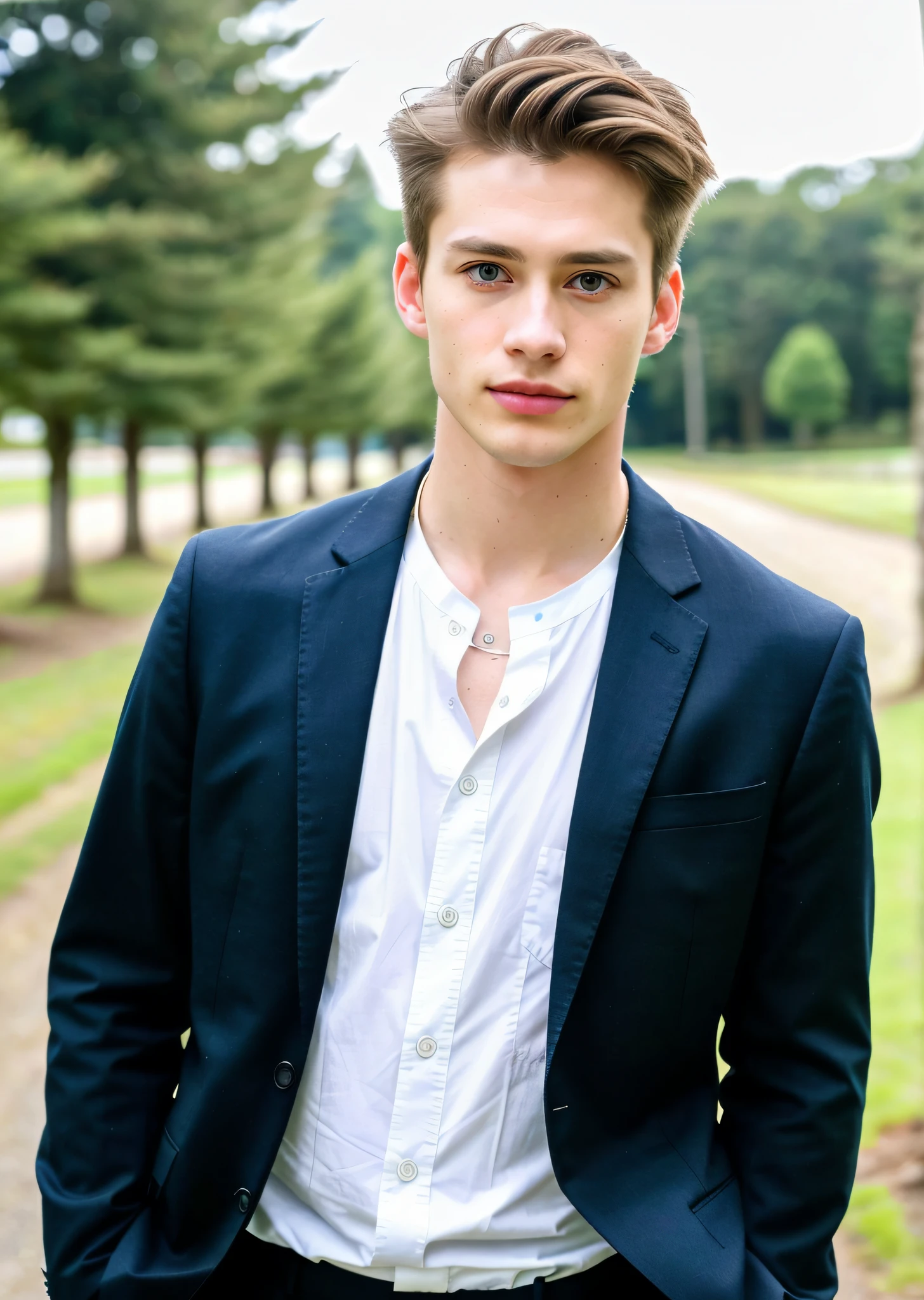 ulzzang-6500-v1.1, (Raw photo:1.2), (Photorealistic:1.4), Amazing insanely handsome Caucasian man raw photo, Highly detailed eyes and face, Beautiful detailed eyes,, Huge file size, Ultra detail, High resolution, Very detailed, Top quality, Masterpiece, ((Trendy clothes)), Real, Real, Unity, 8k wallpaper, fashionable hairstyle, Wearing a suit, walking (beautiful countryside, (black suit) (Lighting - Fri: 1.2) Background details of foreground objects (Masterpiece: 1.2) (Photorealism: 1.2) (Bokeh: 1.2) (Best Quality) (Color Grading) (Detailed Skin: 1.3) (Complex) (8k) (HDR) (Movie Lighting: 1.3) (Sharp Focus), shiny skin, facing forward
