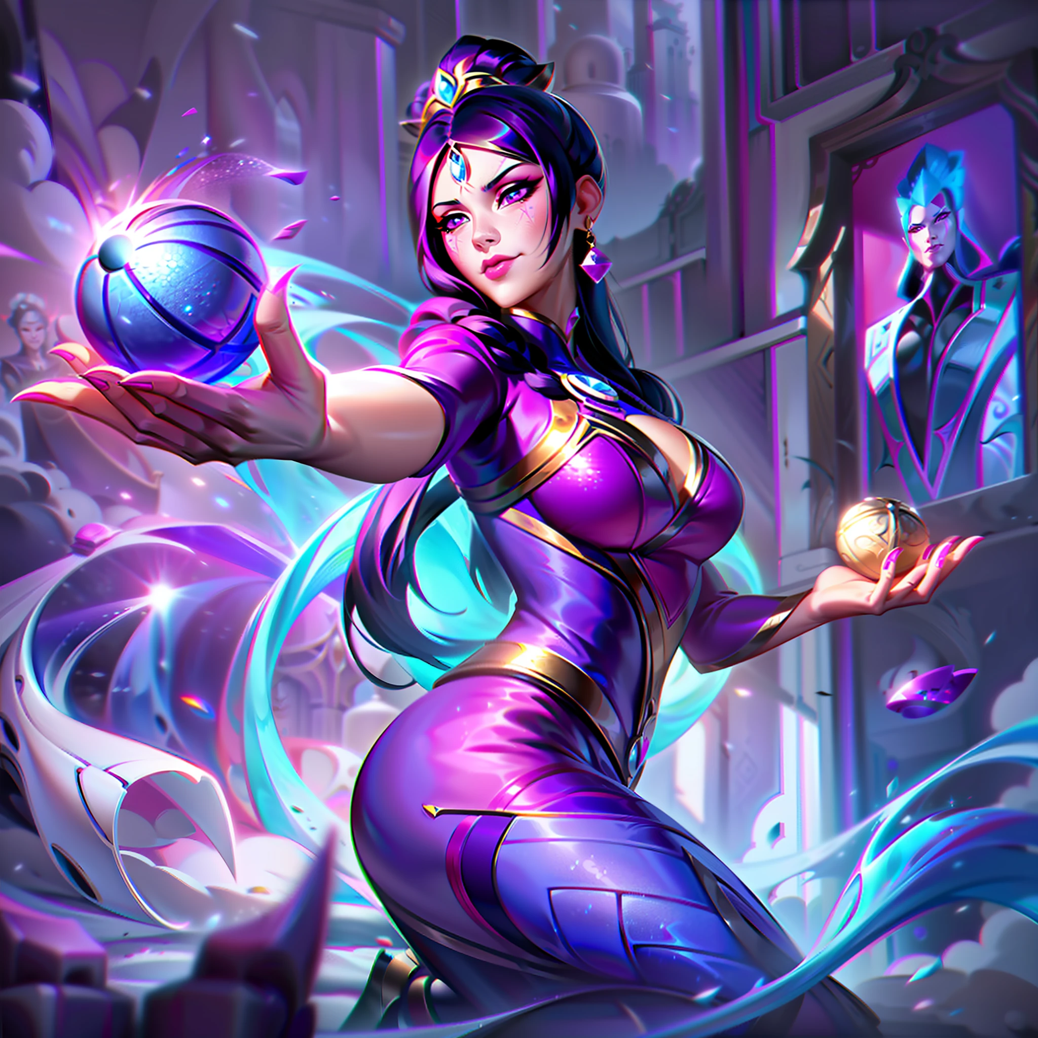 arafed woman in a purple outfit holding a blue ball in her hand, concept art inspired by Li Mei-shu, trending on Artstation, furry art, ahri, portrait of ahri, ahri from league of legends, league of legends art, splash art, league of legends splash art, official splash art, league of legends character art