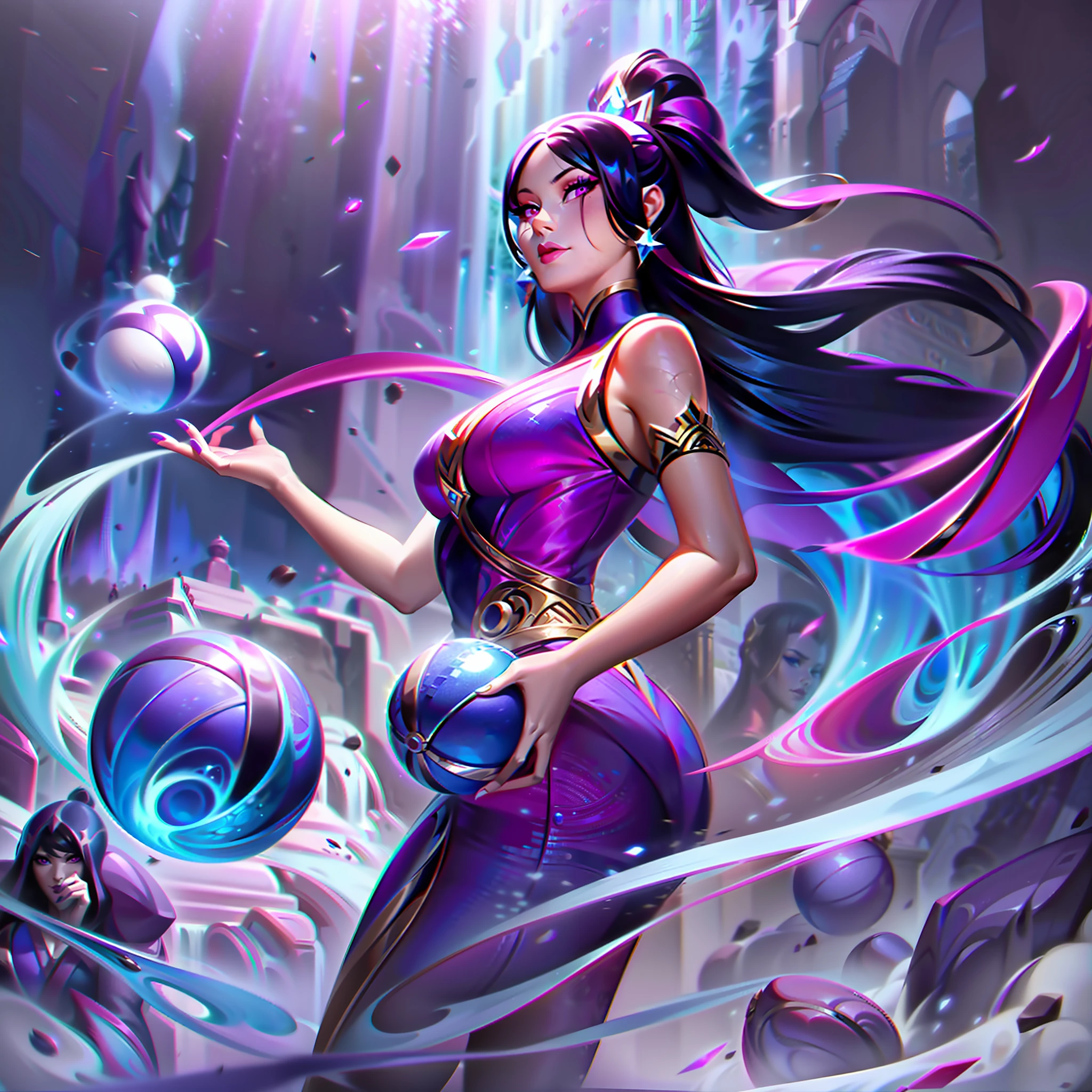 arafed woman in a purple outfit holding a blue ball in her hand, concept art inspired by Li Mei-shu, trending on Artstation, furry art, ahri, portrait of ahri, ahri from league of legends, league of legends art, splash art, league of legends splash art, official splash art, league of legends character art