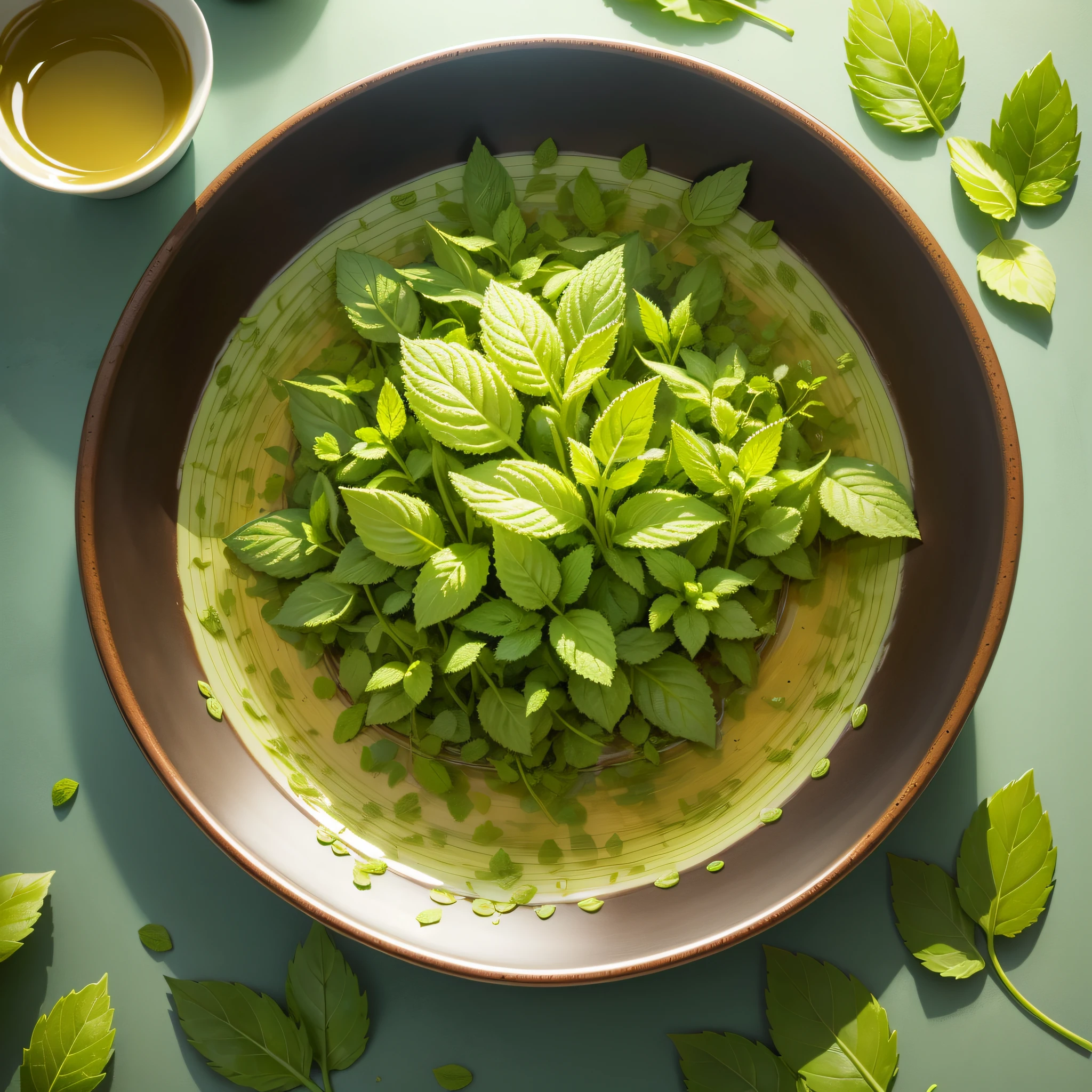 Mint leaves, bright, green, placed on the table --auto --s2