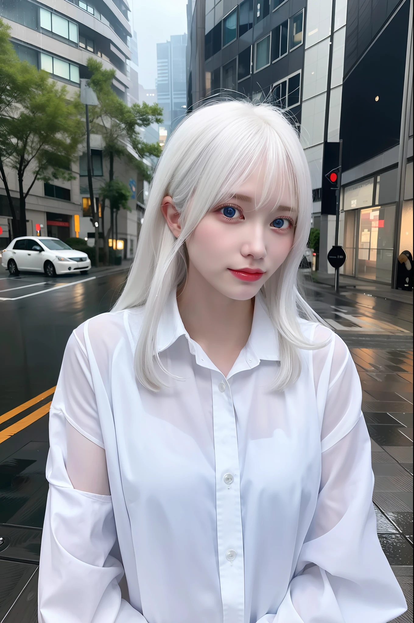 Best Quality, Masterpiece, One Shot, White Hair, Blue Eyes, Rainy Street, Raindrops, Portrait, Hair Fluttering, Wet Face, Wet Hair, White Shirt, Oversized, Medium Shot