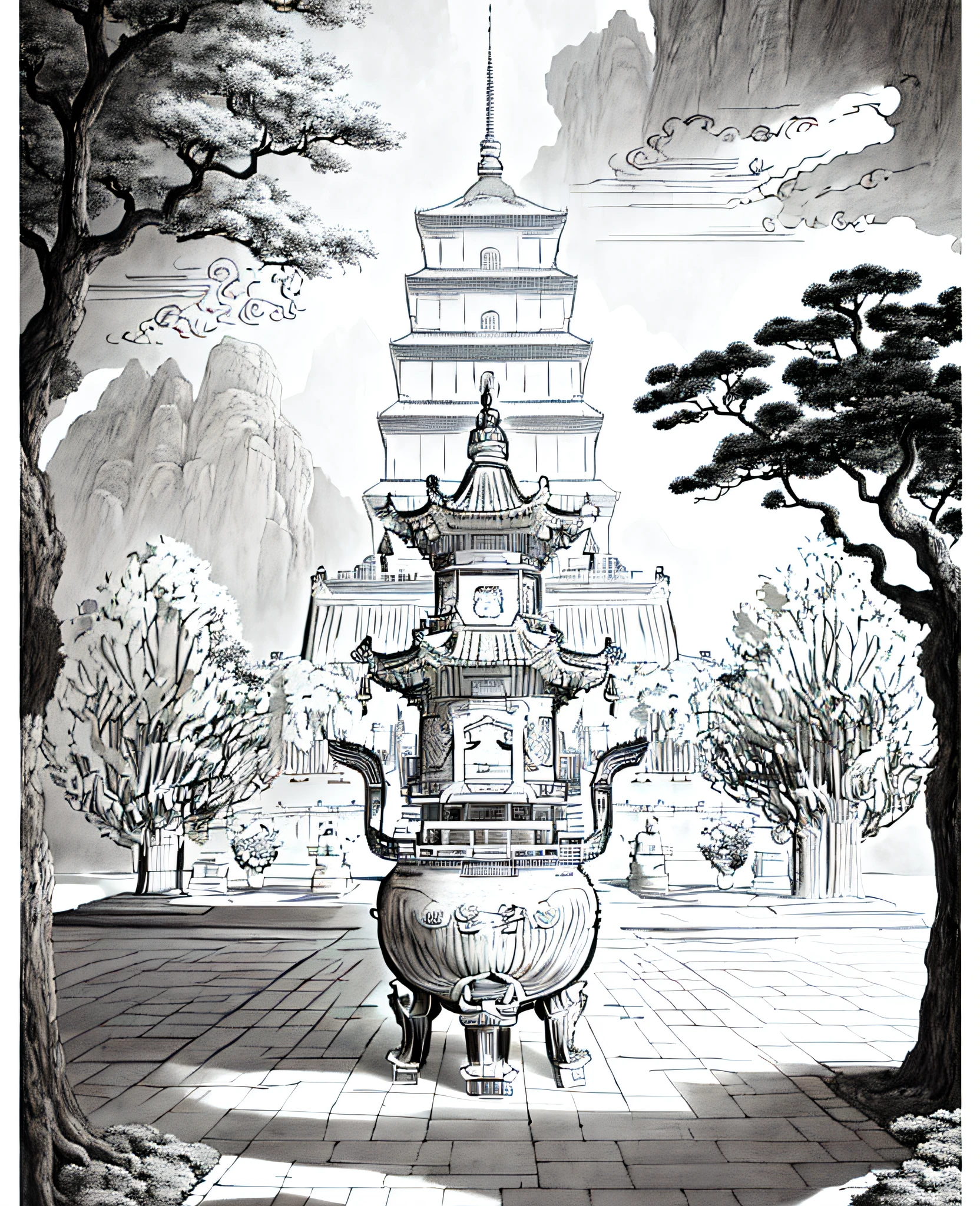 A drawing of a large tower, very detailed illustration, ancient silver moon tower, line art illustration, ancient Chinese tower, highly detailed illustration, ancient Chinese architecture, pagoda, tree,