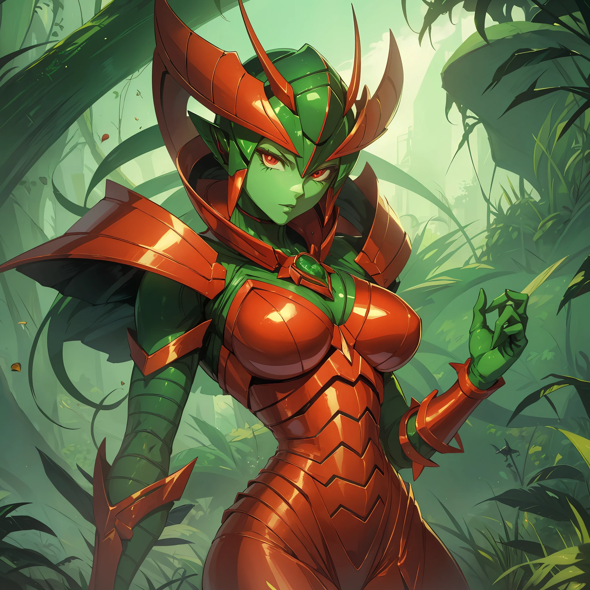 Cartoon photo of woman in green and red costume, hot insect humanoid woman, Guyver style, SFW version, red eye, scarab reploid, bellows tail, cel shade adult animation, alien queen, serpentine pose, --auto --s2