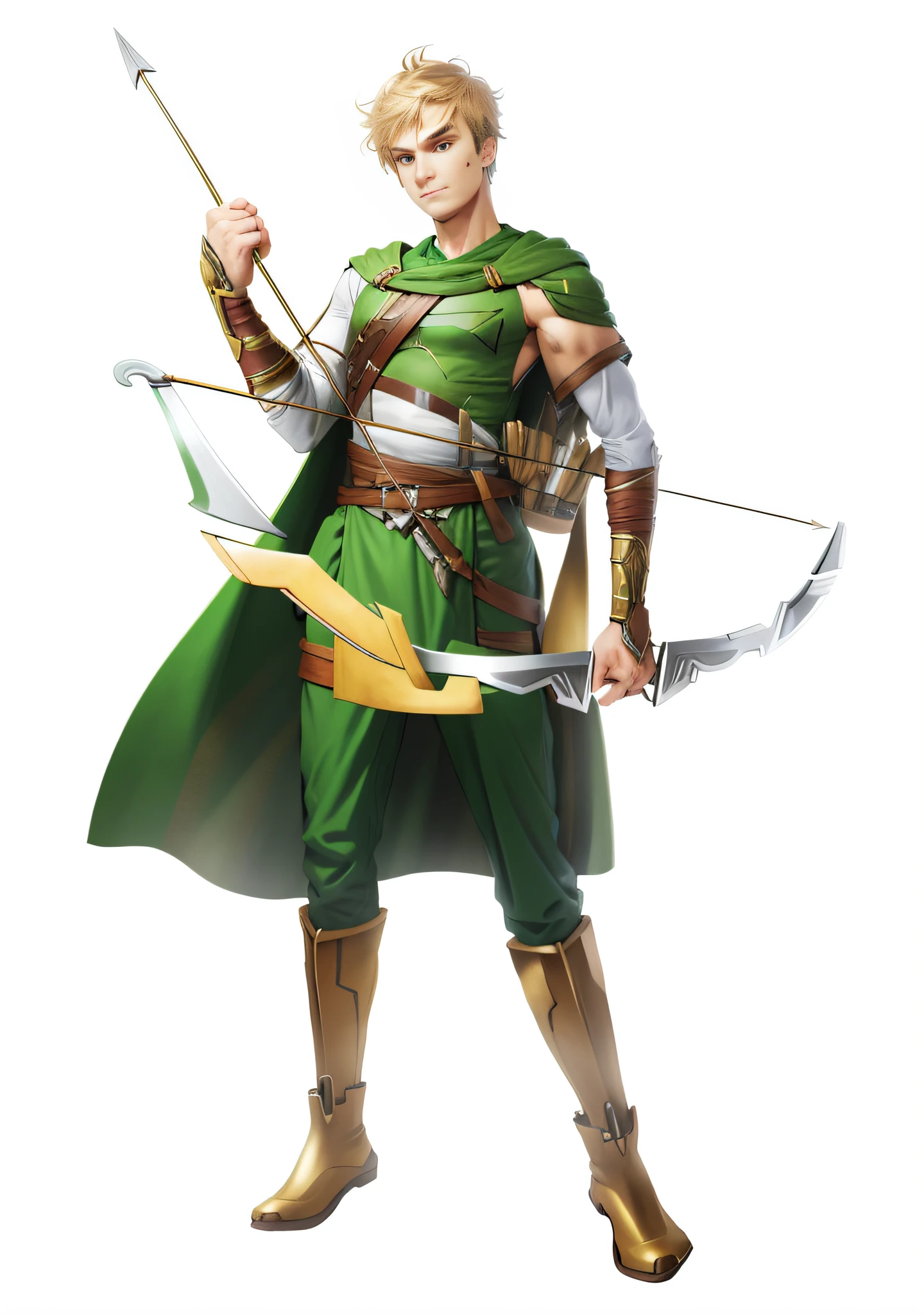 Best quality, high resolution, male with bow and arrow, game character, green costume