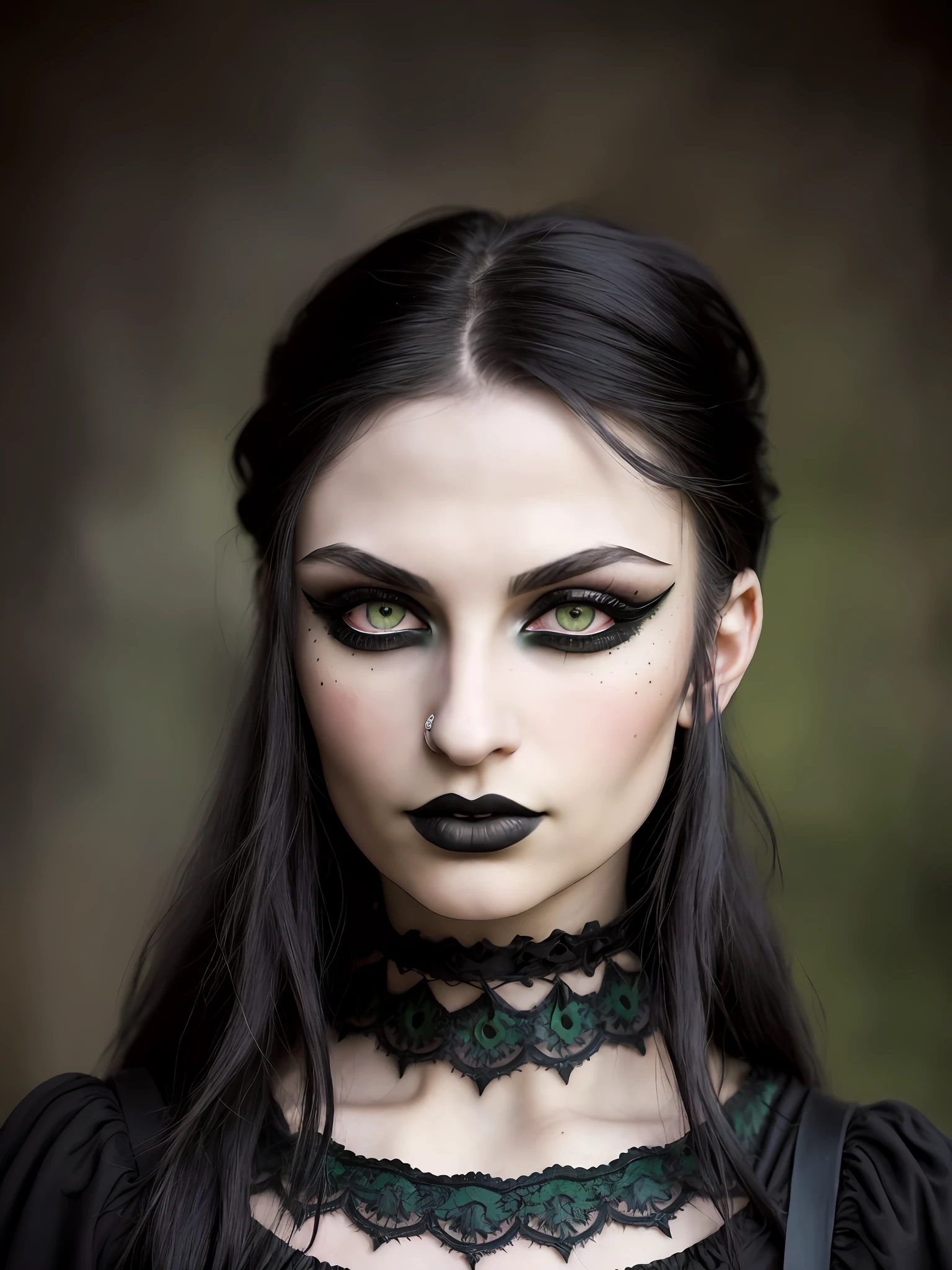 (close-up, photograph, 20 yo gothic woman) (green eyes, artistic makeup:1.2) (highly detailed face:1.4) (smirk:0.7) (black dyed hair) (background inside dark:1.3), by Steve McCurry, canon m50, editorial photograph, f1.8 lens ,black choker ,hyper realistic ,lifelike texture, dramatic lighting , awardwinning photo,