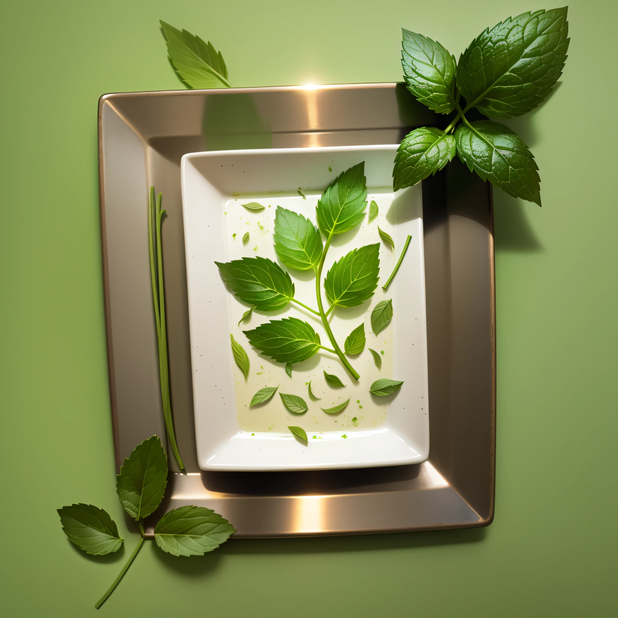 Mint leaves, bright, green, a small amount, young shoots, placed on the table --auto --s2