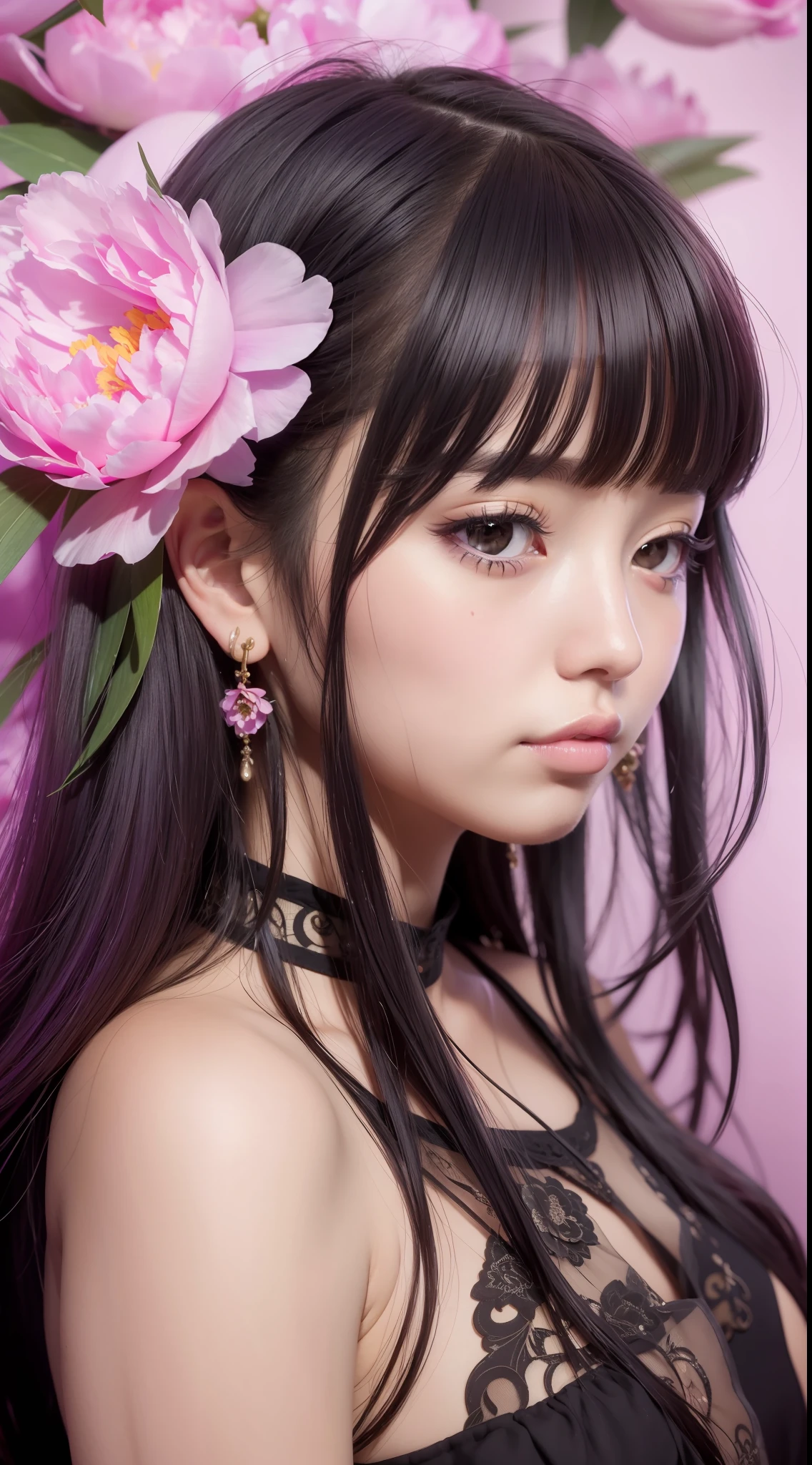 A beautiful girl, solo, many colors of peony flowers, portrait, leaves, bangs, black hair, long hair, purple eyes, flower earrings, (crying), ((bust))), 4K resolution, high resolution, super high resolution, epic shooting, detailed, accurate, detailed, (masterpiece)