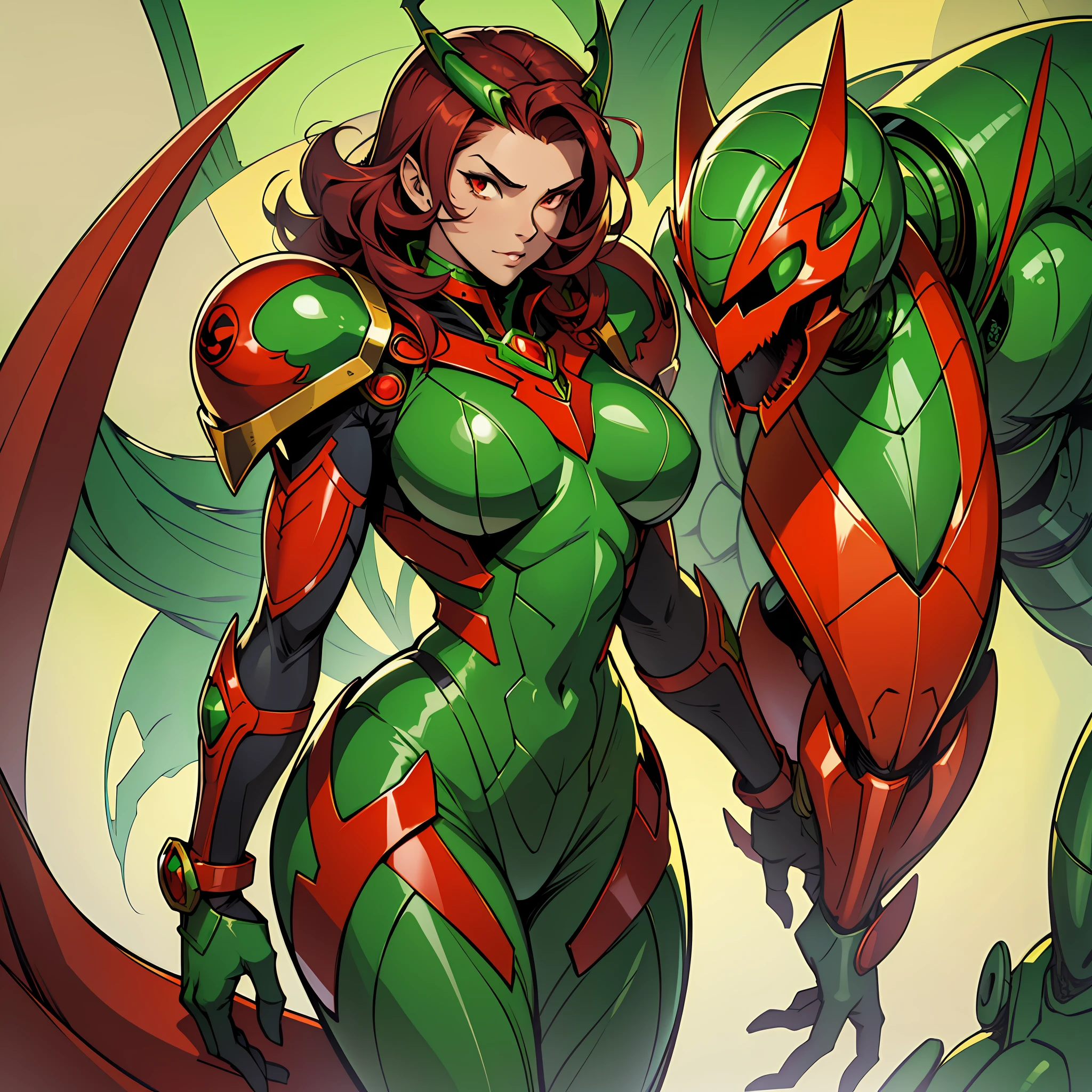 Cartoon photo of woman in green and red costume, hot insect humanoid woman, Guyver style, SFW version, red eye, scarab reploid, bellows tail, cel shade adult animation, alien queen, serpentine pose, --auto --s2