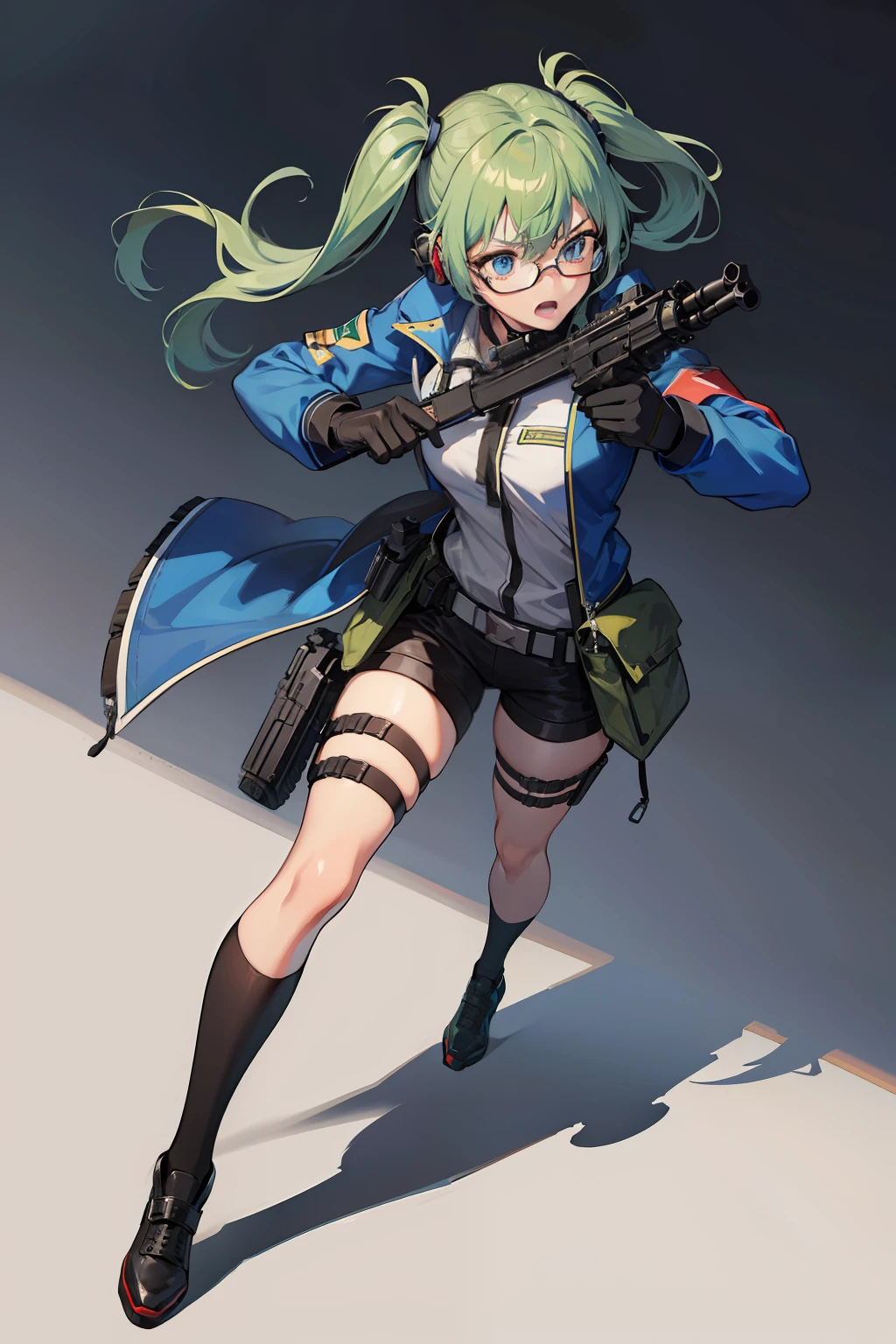 ((best quality)), ((masterpiece)), ((high res)), 1girl, assault rifle, blue eyes, full body, gloves, green hair, gun, handgun, headset, heckler & koch, holding and aiming gun, holding weapon, holster, kochiy sanae, m4 carbine, open mouth, pistol, rifle, solo, submachine gun, suppressor, thigh holster, thigh strap, trigger discipline, weapon, glasses, twintails, medium hair