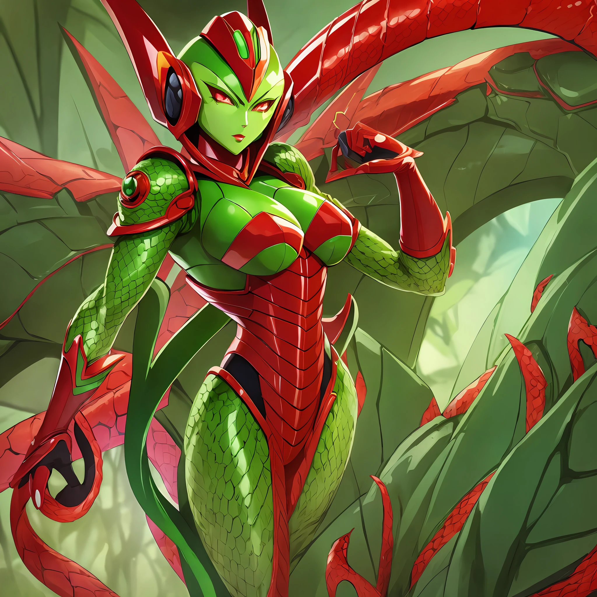 Cartoon photo of woman in green and red costume, hot insect humanoid woman, Guyver style, SFW version, red eye, scaraber reploid, tentacles imitating snake tail, cel shade adult animation, alien queen, serpentine pose, --auto --s2