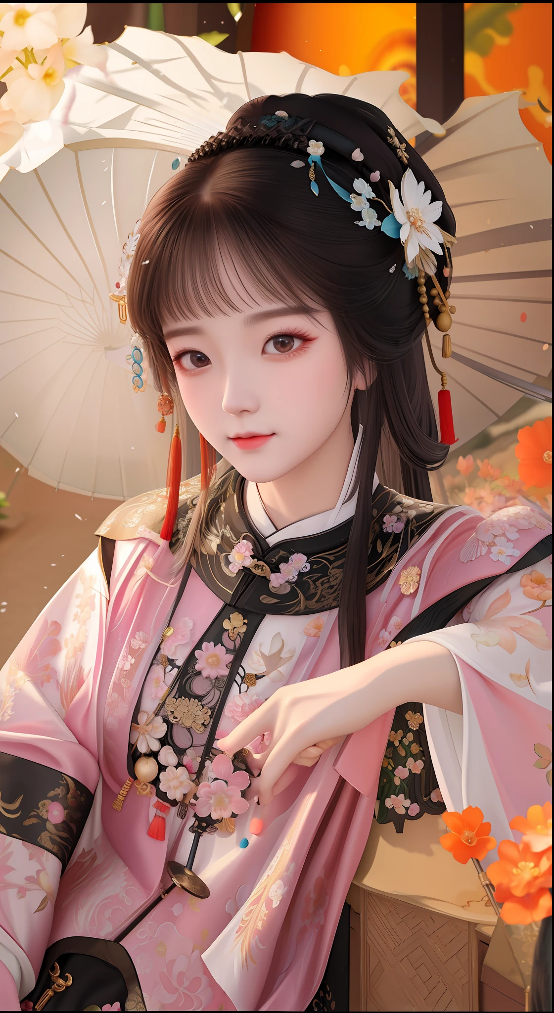 Original image, highest quality, real skin, with parasol and a flower umbrella, a portrait inspired by Huang Ji, popular in CG society, rococo, hanfu, palace, hanfu girl, white hanfu, wearing ancient Chinese clothing, traditional beauty, with ancient Chinese costume, beautiful rendering of the Tang dynasty, Chinese style, ancient Chinese princess