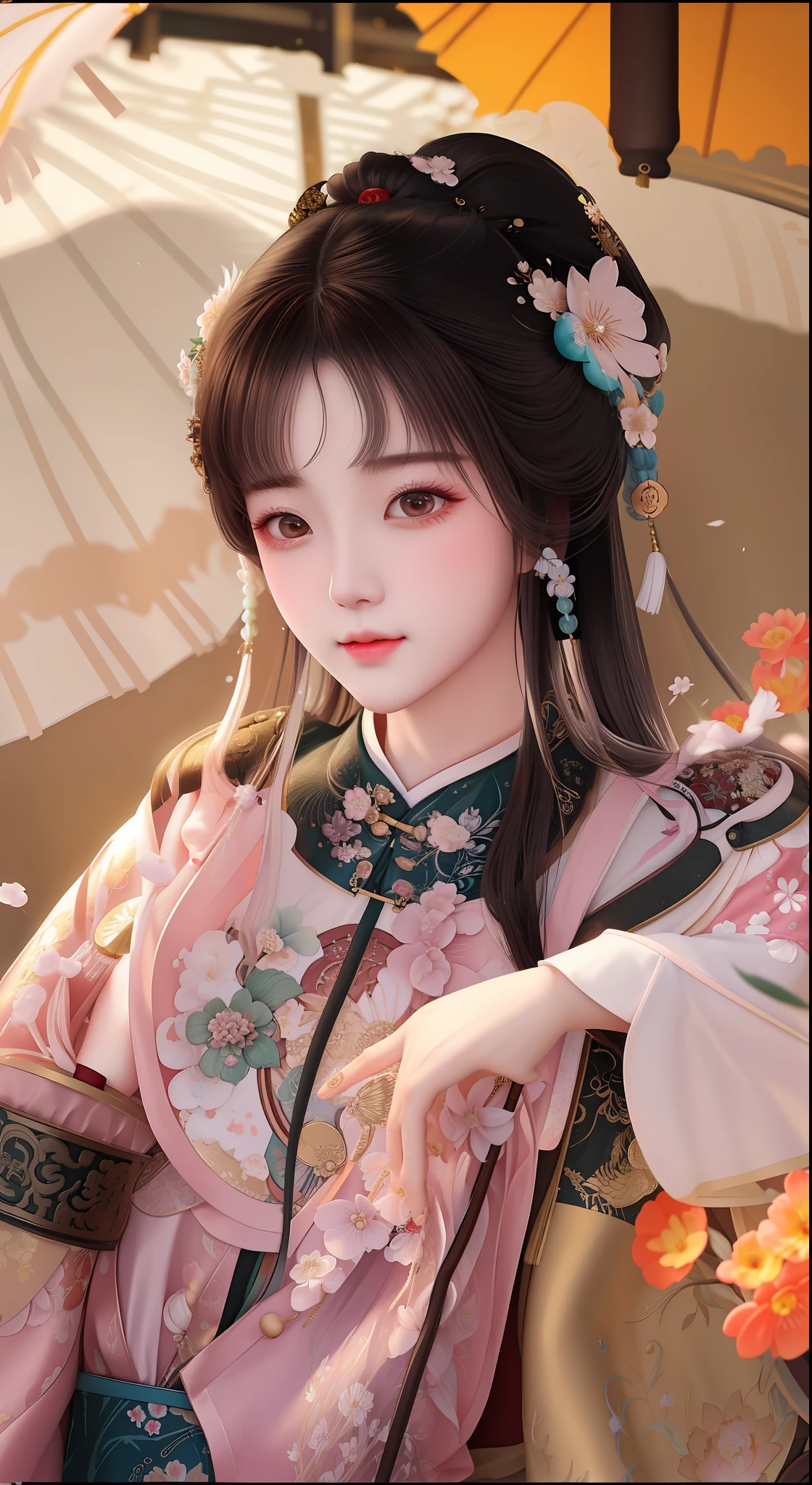 Original image, highest quality, real skin, with parasol and a flower umbrella, a portrait inspired by Huang Ji, popular in CG society, rococo, hanfu, palace, hanfu girl, white hanfu, wearing ancient Chinese clothing, traditional beauty, with ancient Chinese costume, beautiful rendering of the Tang dynasty, Chinese style, ancient Chinese princess