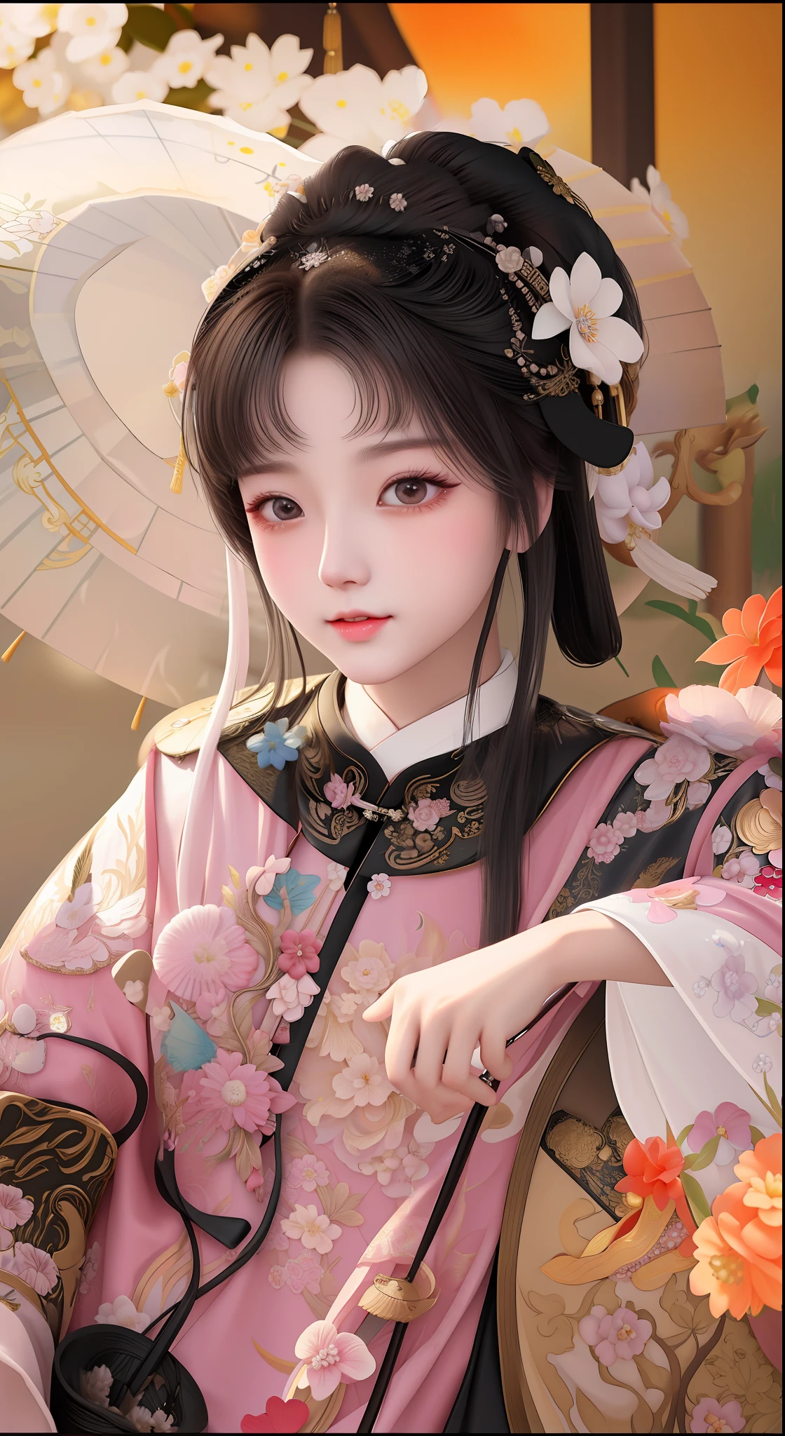 Original image, highest quality, real skin, with parasol and a flower umbrella, a portrait inspired by Huang Ji, popular in CG society, rococo, hanfu, palace, hanfu girl, white hanfu, wearing ancient Chinese clothing, traditional beauty, with ancient Chinese costume, beautiful rendering of the Tang dynasty, Chinese style, ancient Chinese princess